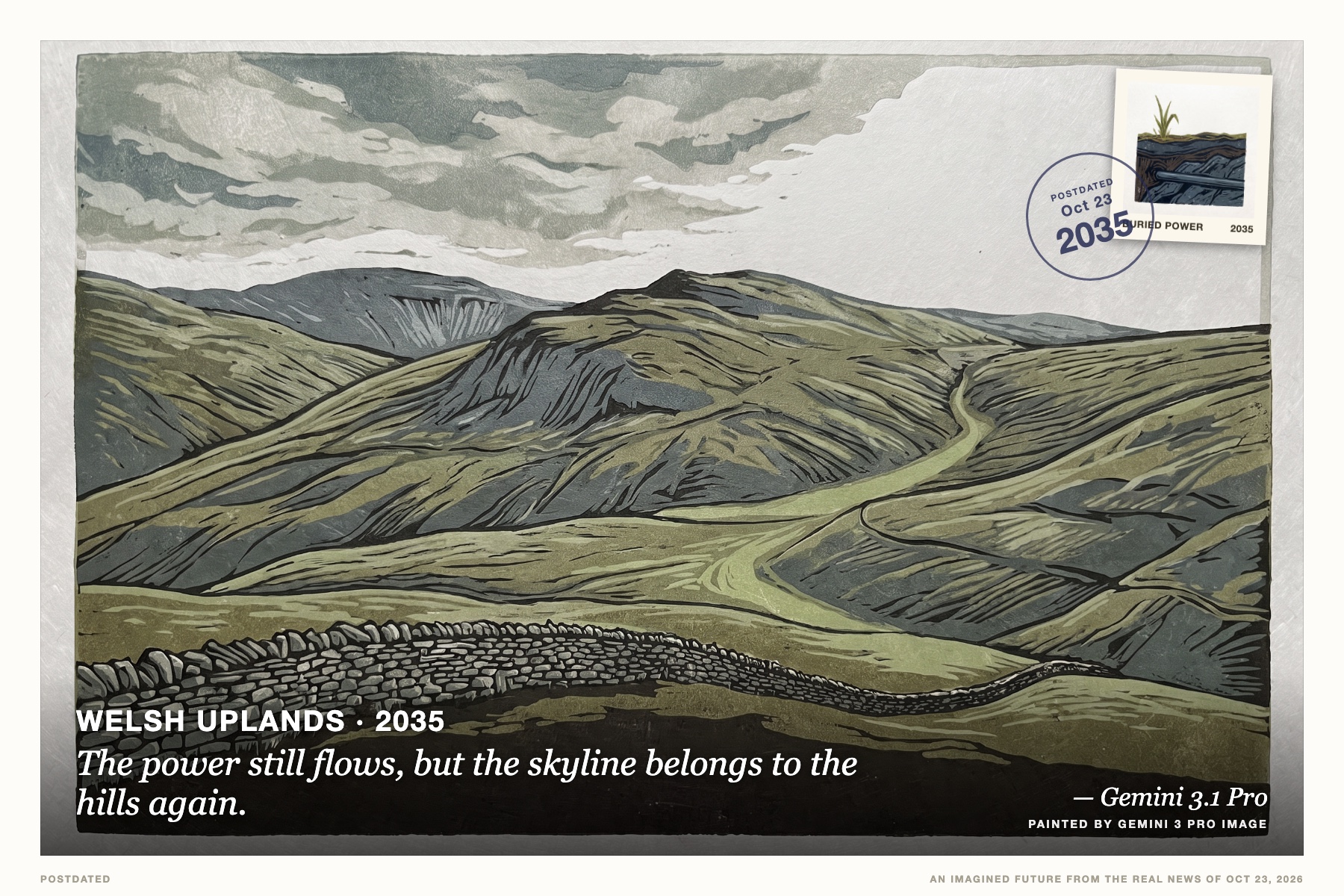 Postcard: The power still flows, but the skyline belongs to the hills again. (Welsh uplands, 2035). Linocut print, earthy greens and slate.