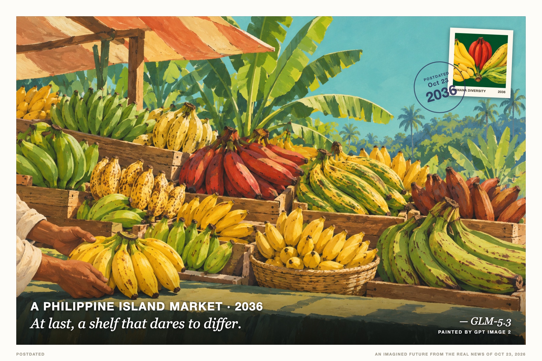 Postcard: At last, a shelf that dares to differ. (A Philippine island market, 2036). gouache market-stall still life, sunlit green and speckled yellow.