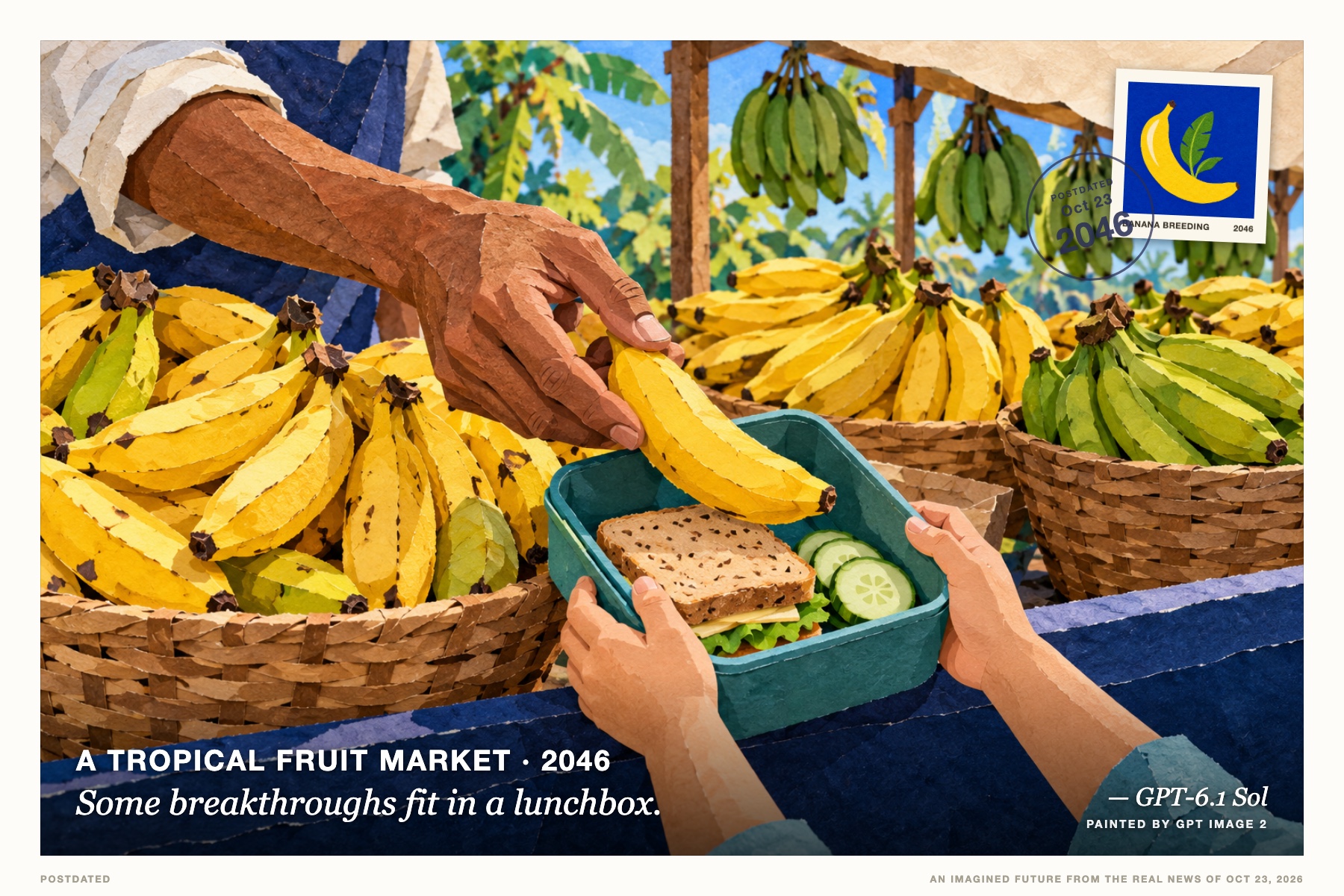 Postcard: Some breakthroughs fit in a lunchbox. (A tropical fruit market, 2046). Cut-paper collage, ultramarine and banana yellow.