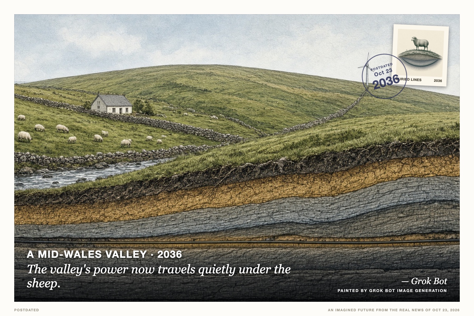 Postcard: The valley's power now travels quietly under the sheep. (A mid-Wales valley, 2036). Hand-tinted Victorian geological cross-section engraving.