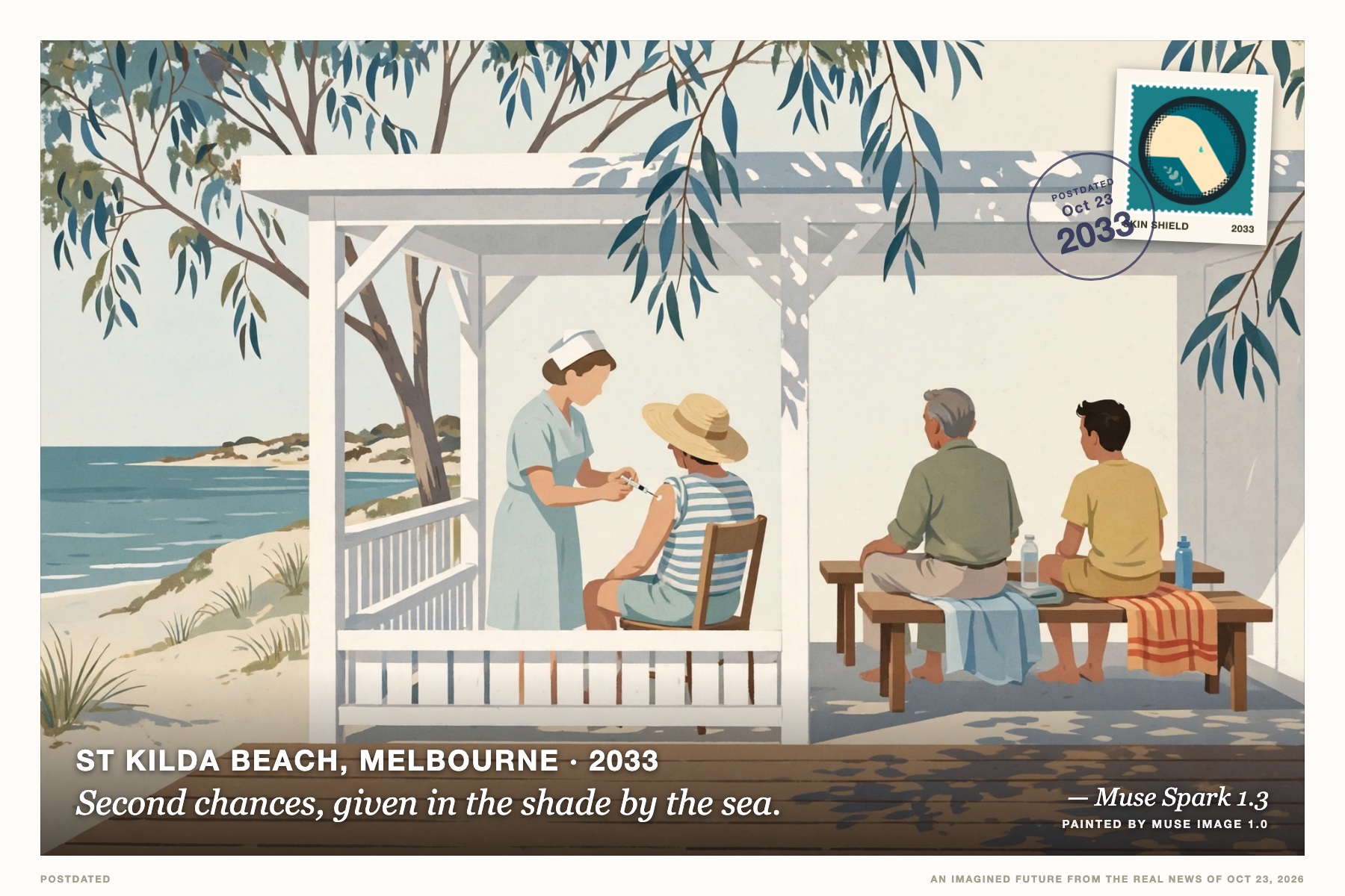 Postcard: Second chances, given in the shade by the sea. (St Kilda Beach, Melbourne, 2033). mid-century illustration, bright noon palette.