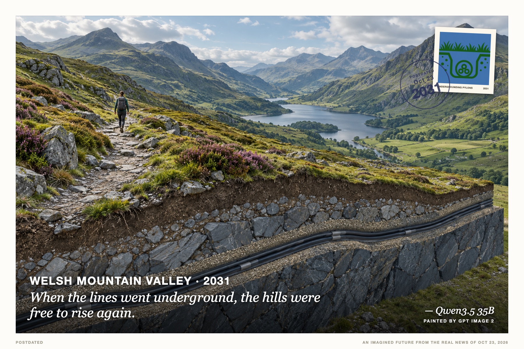 Postcard: When the lines went underground, the hills were free to rise again. (Welsh mountain valley, 2031). isometric architectural cross-section, slate blue and forest green.