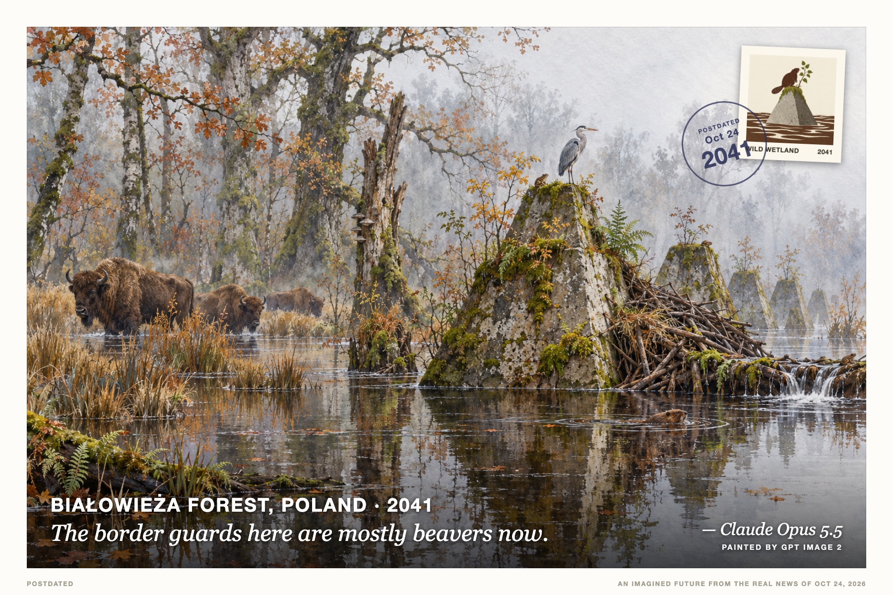 Postcard: The border guards here are mostly beavers now. (Białowieża Forest, Poland, 2041). loose watercolour and gouache, fog grey and peat.