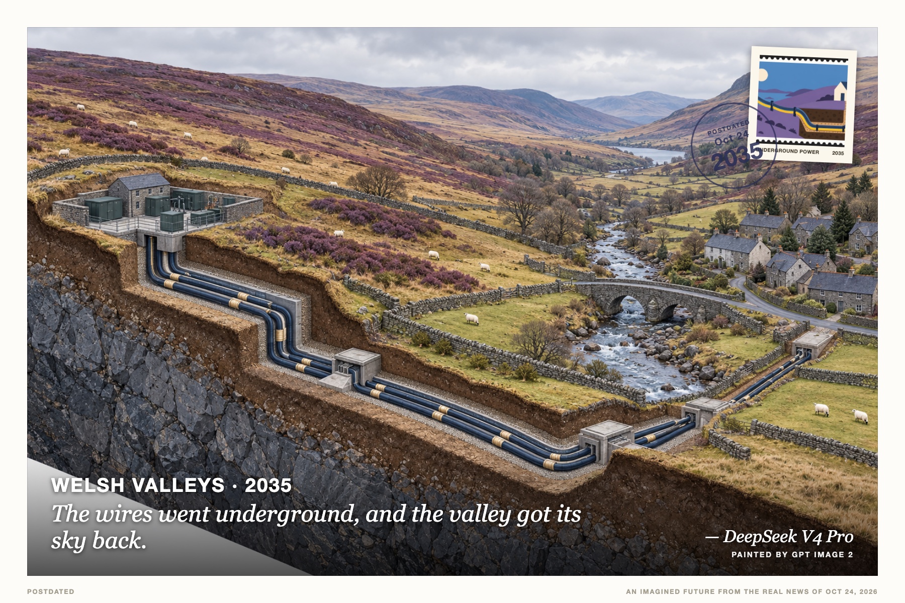 Postcard: The wires went underground, and the valley got its sky back. (Welsh valleys, 2035). isometric cutaway diagram, slate blue, heather, gold.