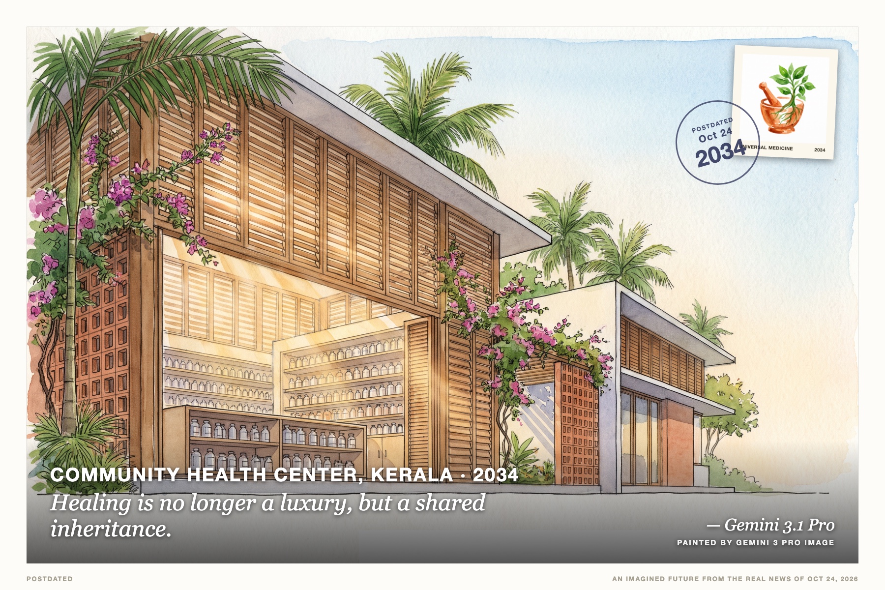 Postcard: Healing is no longer a luxury, but a shared inheritance. (Community health center, Kerala, 2034). watercolor architectural sketch, warm light.