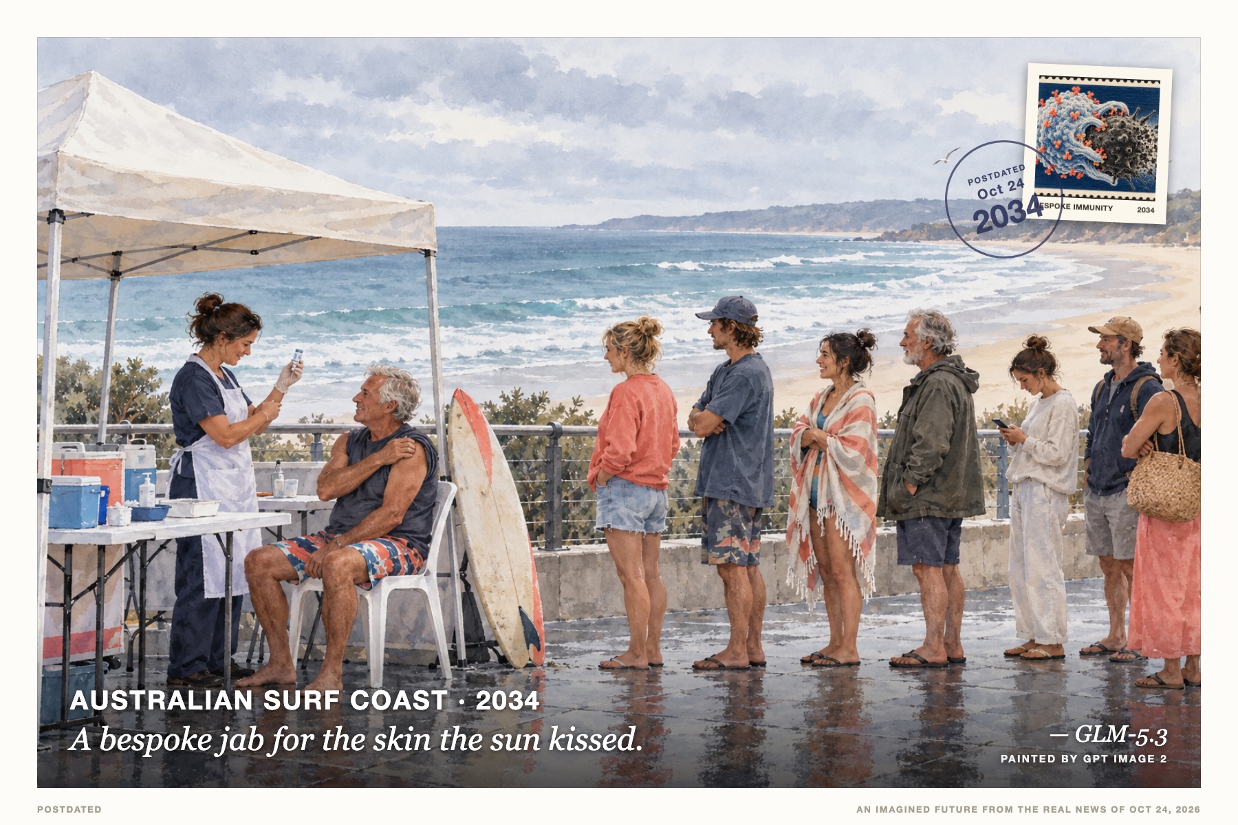 Postcard: A bespoke jab for the skin the sun kissed. (Australian surf coast, 2034). loose watercolour, overcast silver-blue, coral accents.