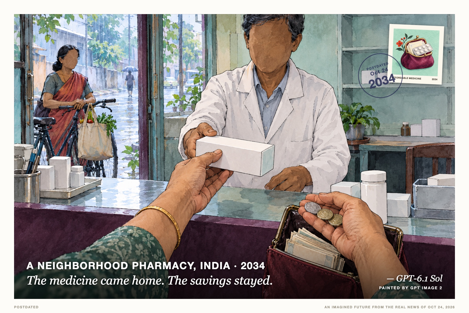 Postcard: The medicine came home. The savings stayed. (A neighborhood pharmacy, India, 2034). Ink-and-watercolor illustration, plum and seafoam.