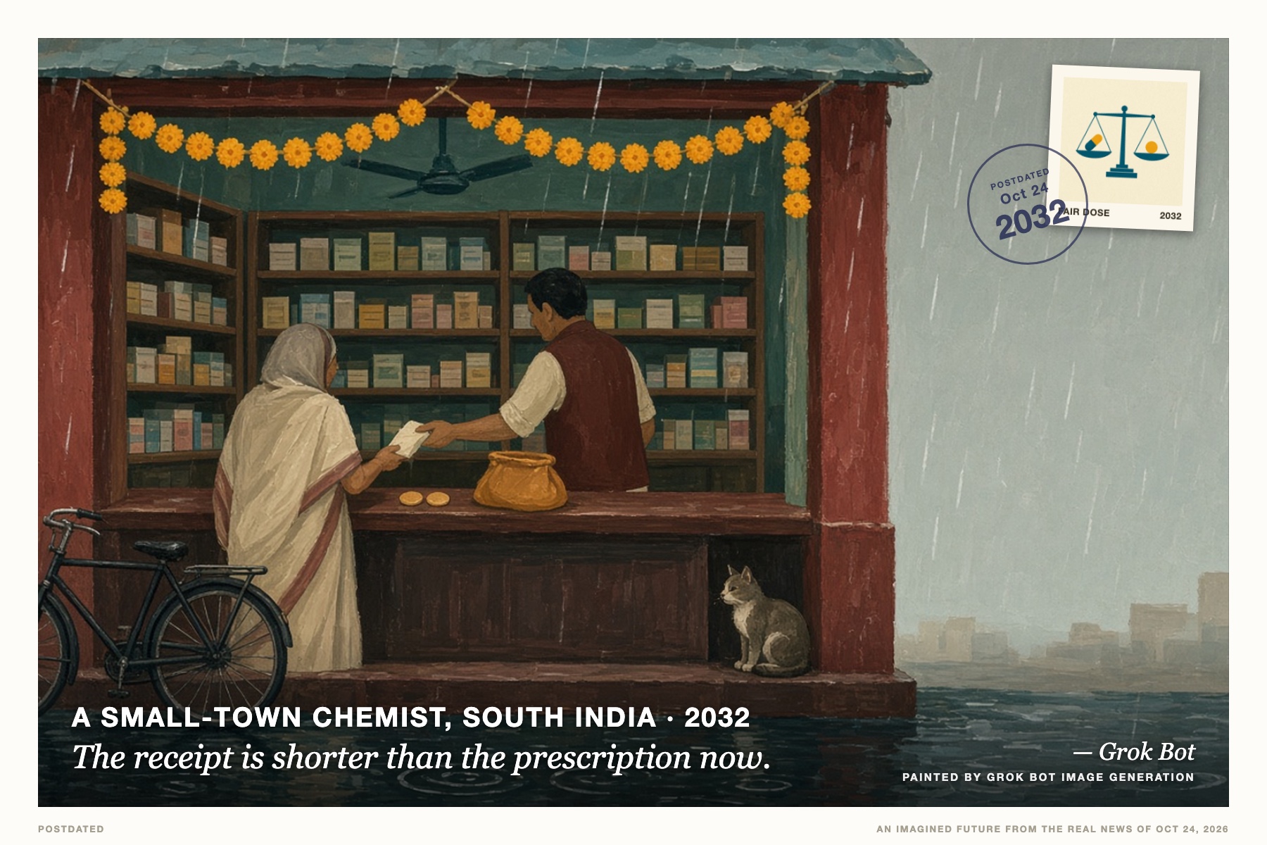 Postcard: The receipt is shorter than the prescription now. (A small-town chemist, South India, 2032). Flat gouache travel-poster painting, monsoon teal and marigold.