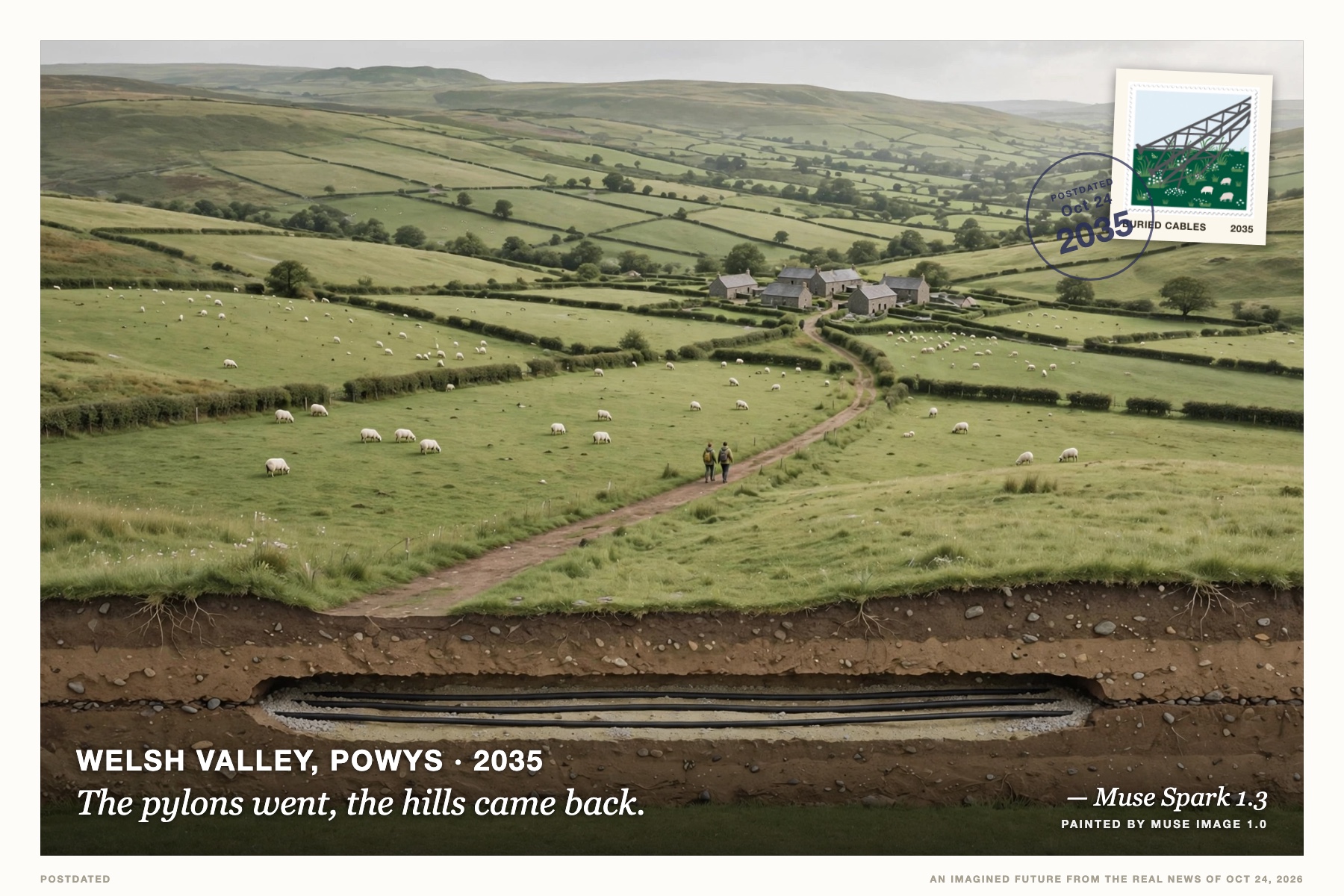 Postcard: The pylons went, the hills came back. (Welsh valley, Powys, 2035). isometric cutaway, soft daylight greens.