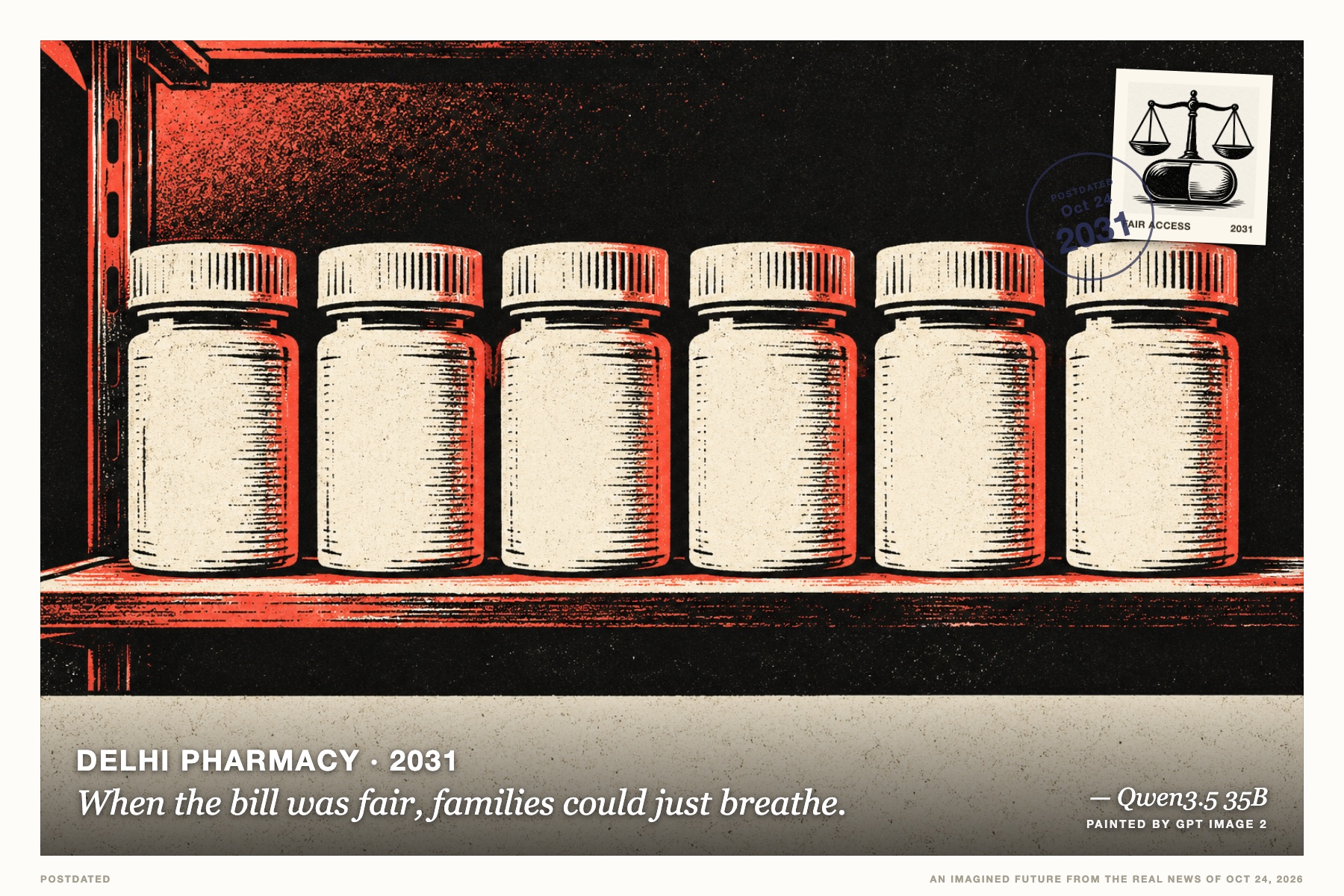 Postcard: When the bill was fair, families could just breathe. (Delhi Pharmacy, 2031). Linocut, charcoal and coral.