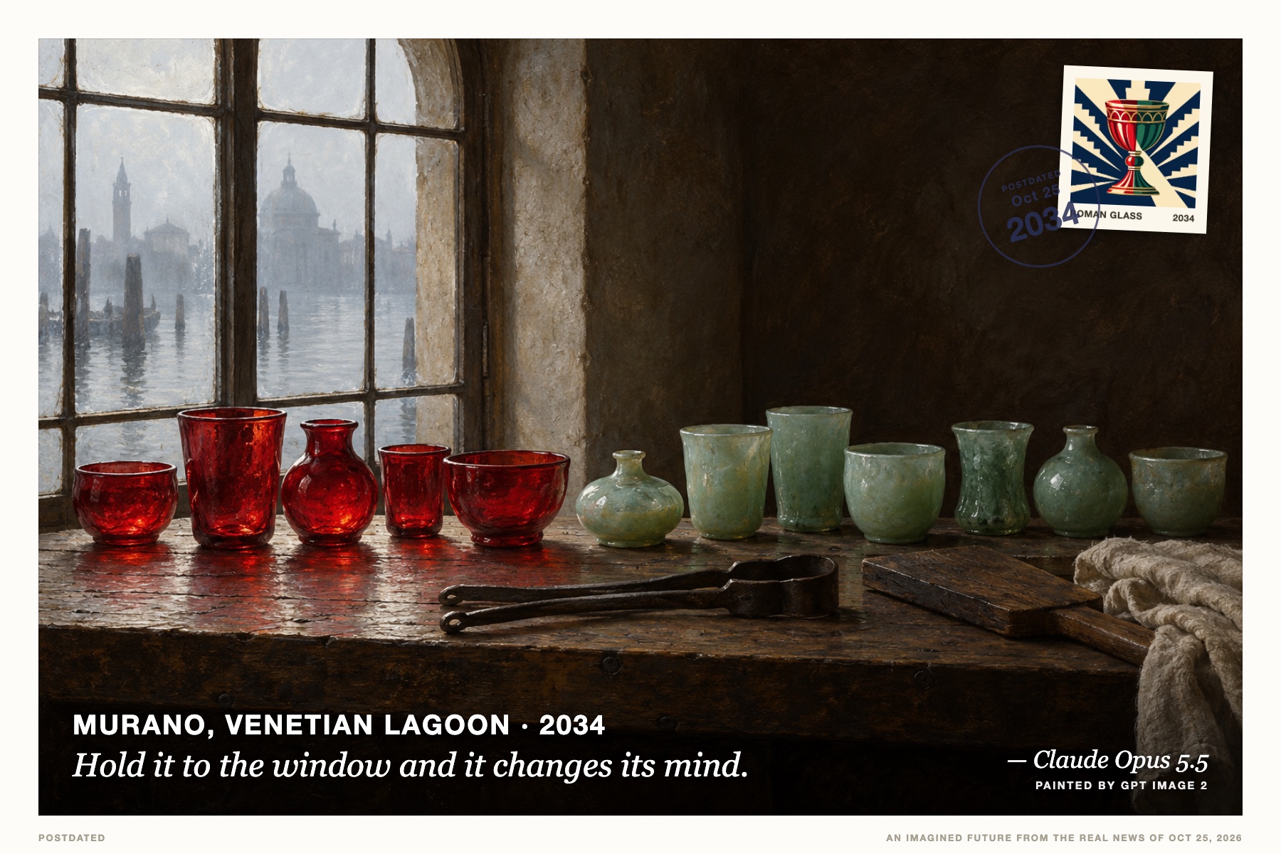 Postcard: Hold it to the window and it changes its mind. (Murano, Venetian Lagoon, 2034). baroque chiaroscuro oil still life, jade and ruby.