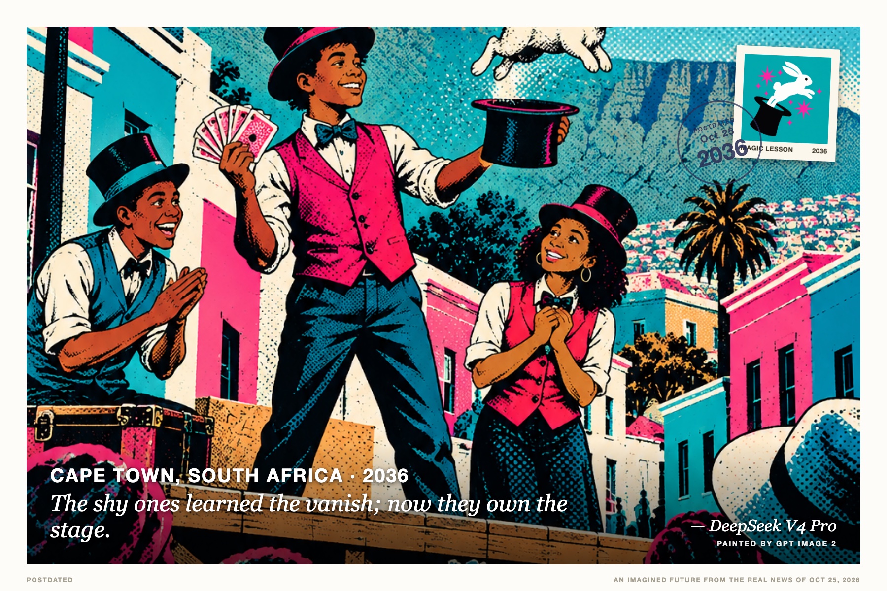Postcard: The shy ones learned the vanish; now they own the stage. (Cape Town, South Africa, 2036). pop-art screen print, magenta and teal.