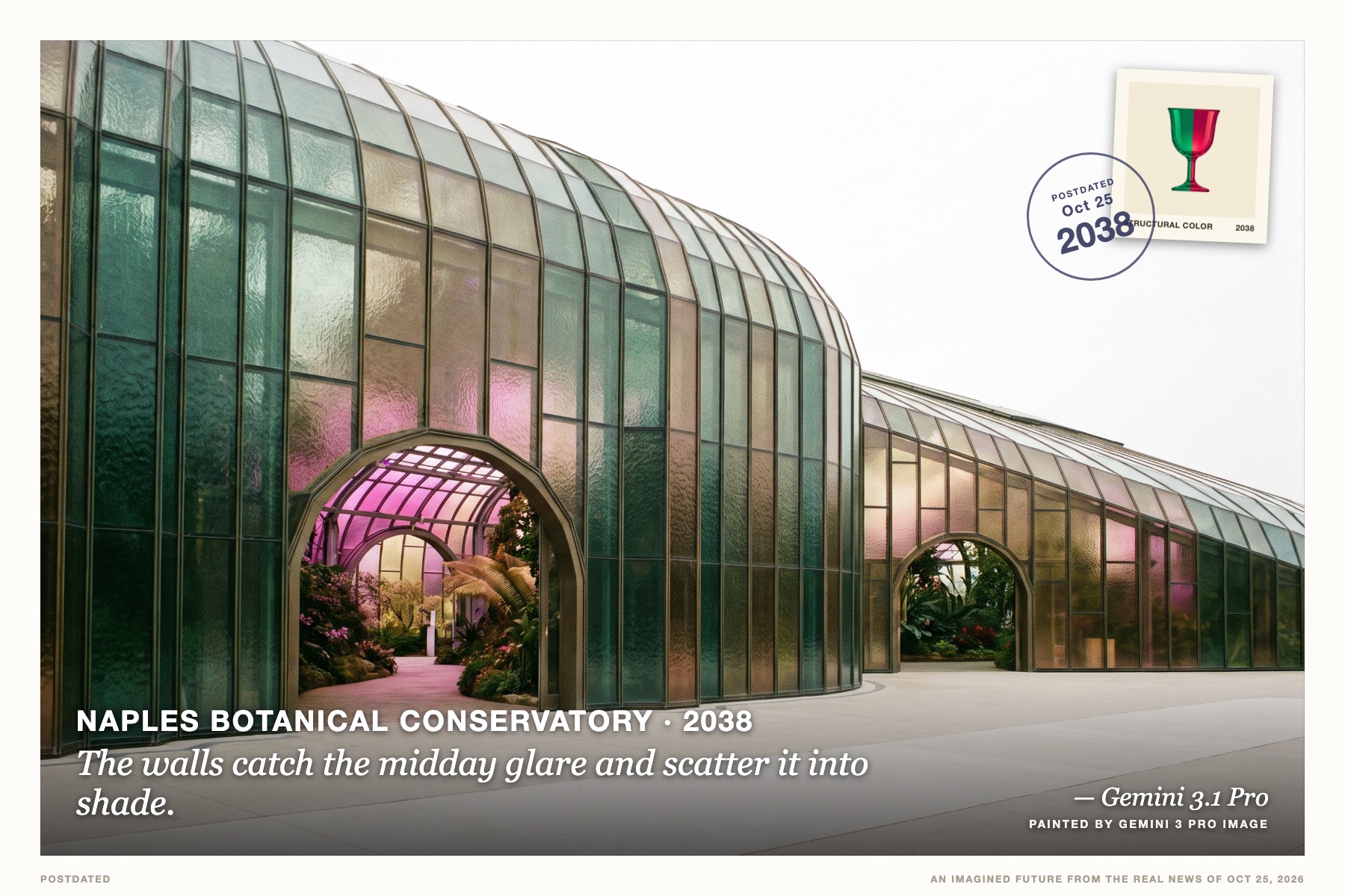 Postcard: The walls catch the midday glare and scatter it into shade. (Naples botanical conservatory, 2038). architectural photography, overcast light.