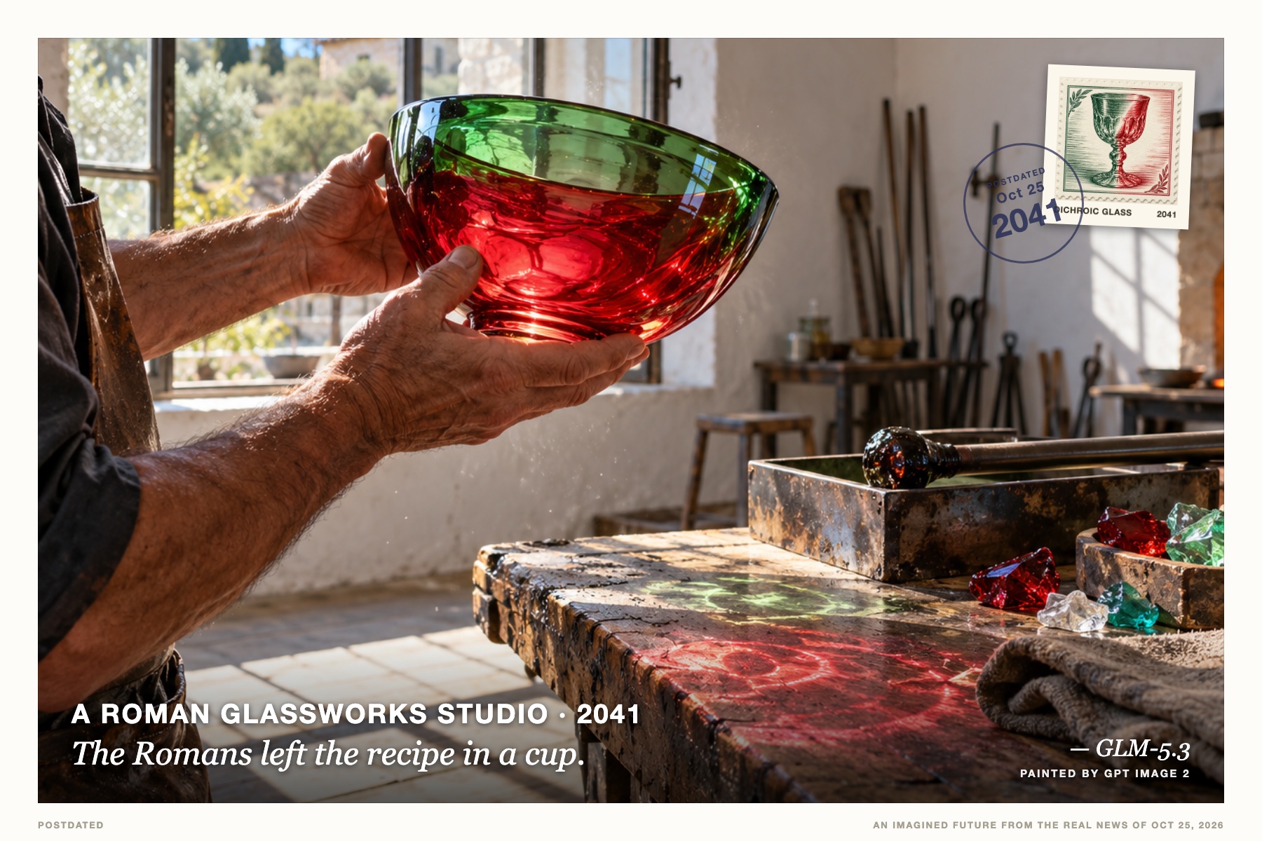 Postcard: The Romans left the recipe in a cup. (A Roman glassworks studio, 2041). documentary photograph, jade green and ruby red.