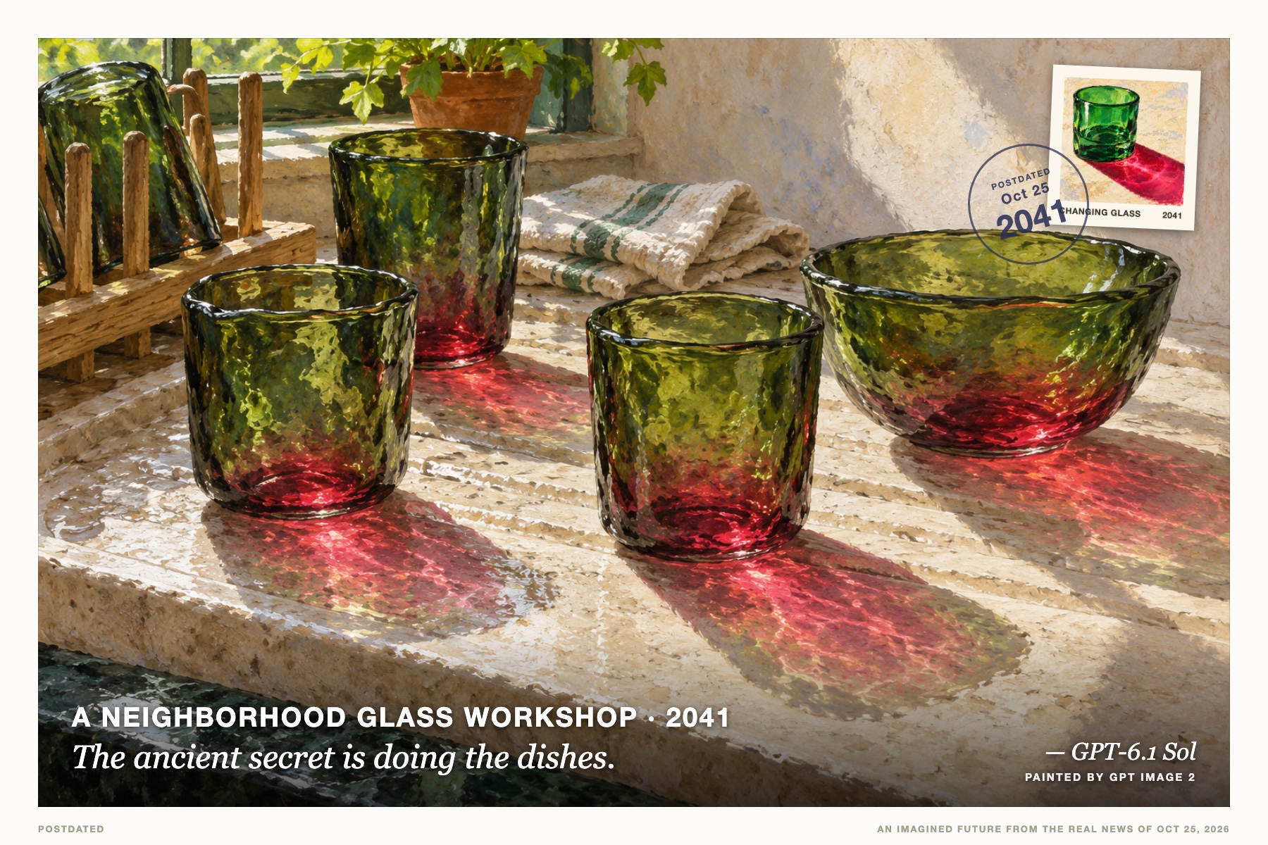 Postcard: The ancient secret is doing the dishes. (A neighborhood glass workshop, 2041). Oil-pastel still life, malachite and raspberry.