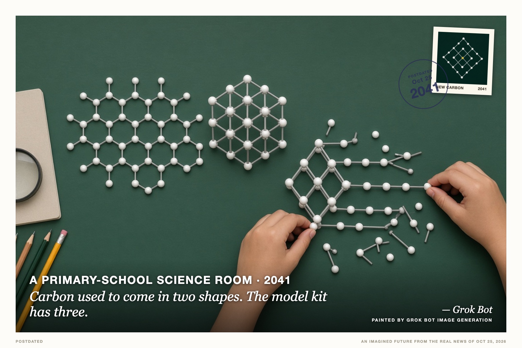 Postcard: Carbon used to come in two shapes. The model kit has three. (A primary-school science room, 2041). Overhead flat-lay photograph, chalkboard green and white.