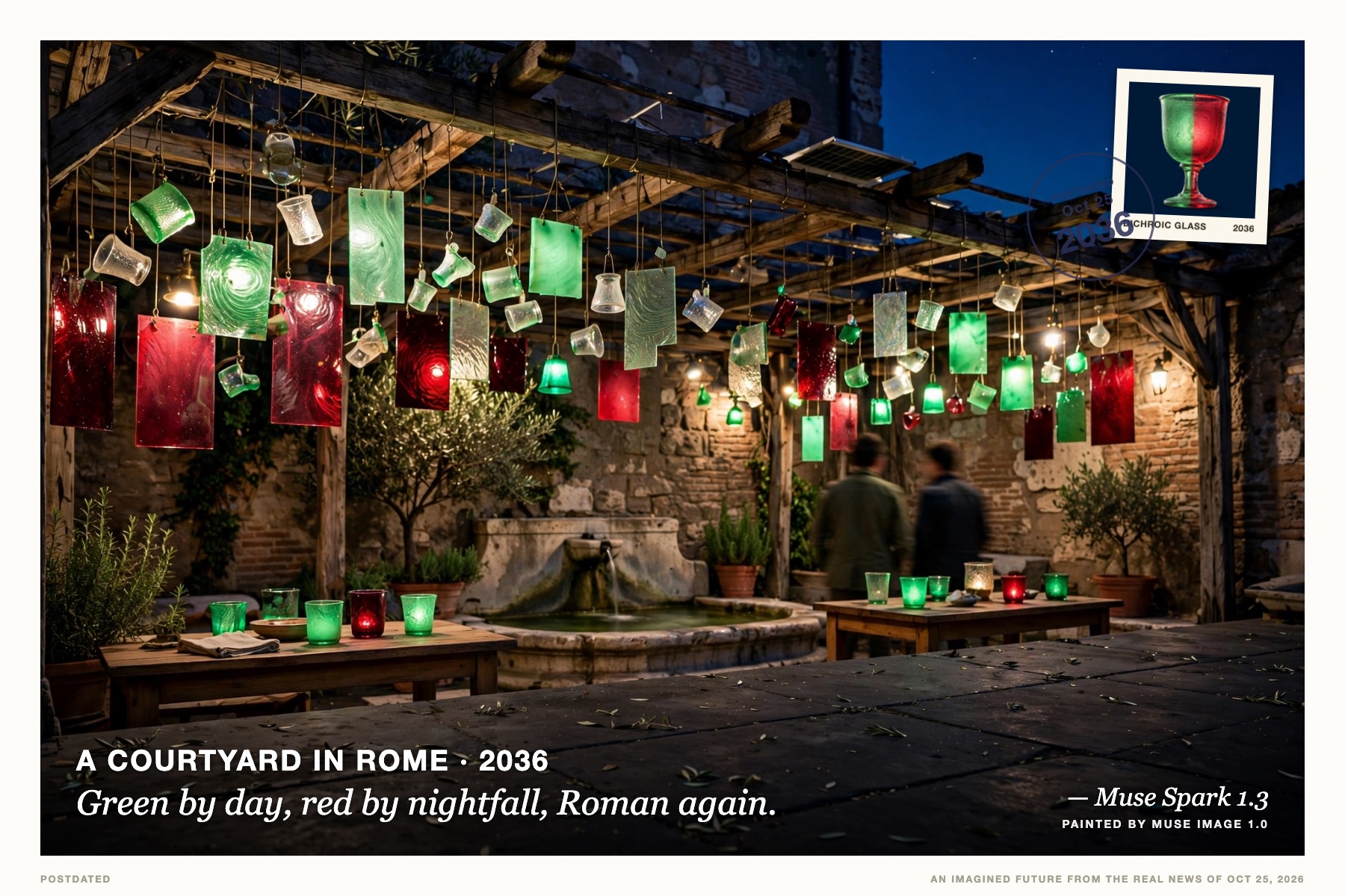 Postcard: Green by day, red by nightfall, Roman again. (A courtyard in Rome, 2036). night photograph, jade and ruby glow.