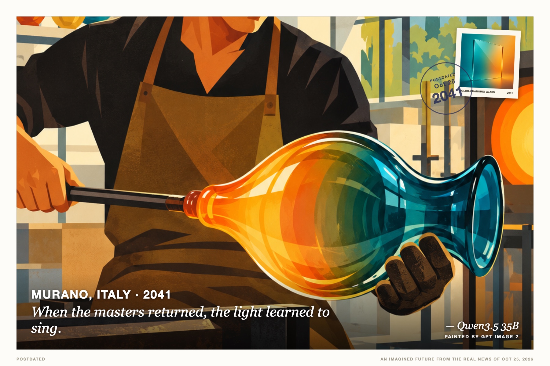Postcard: When the masters returned, the light learned to sing. (Murano, Italy, 2041). Mid-century poster design, teal and amber flat.