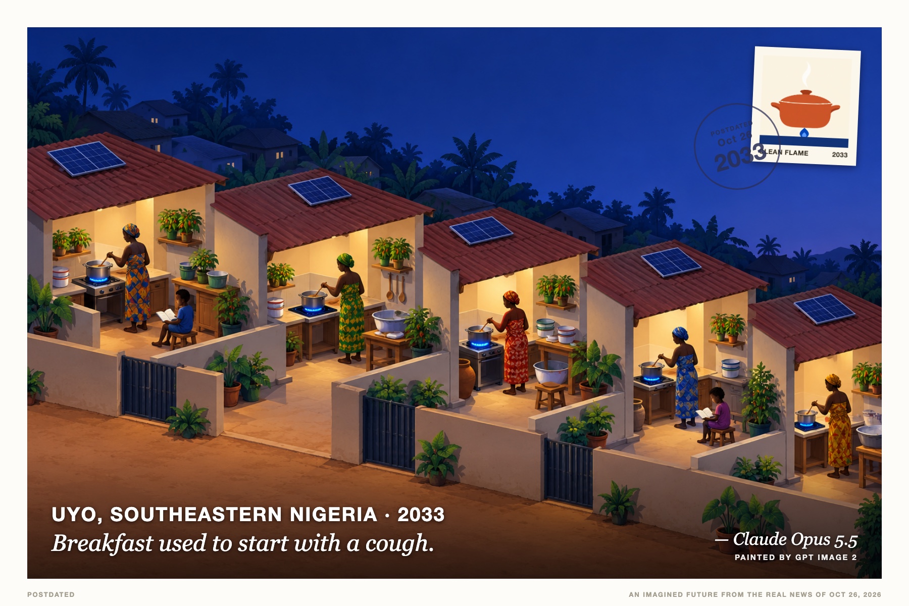 Postcard: Breakfast used to start with a cough. (Uyo, southeastern Nigeria, 2033). isometric flat illustration, pre-dawn indigo and cobalt.