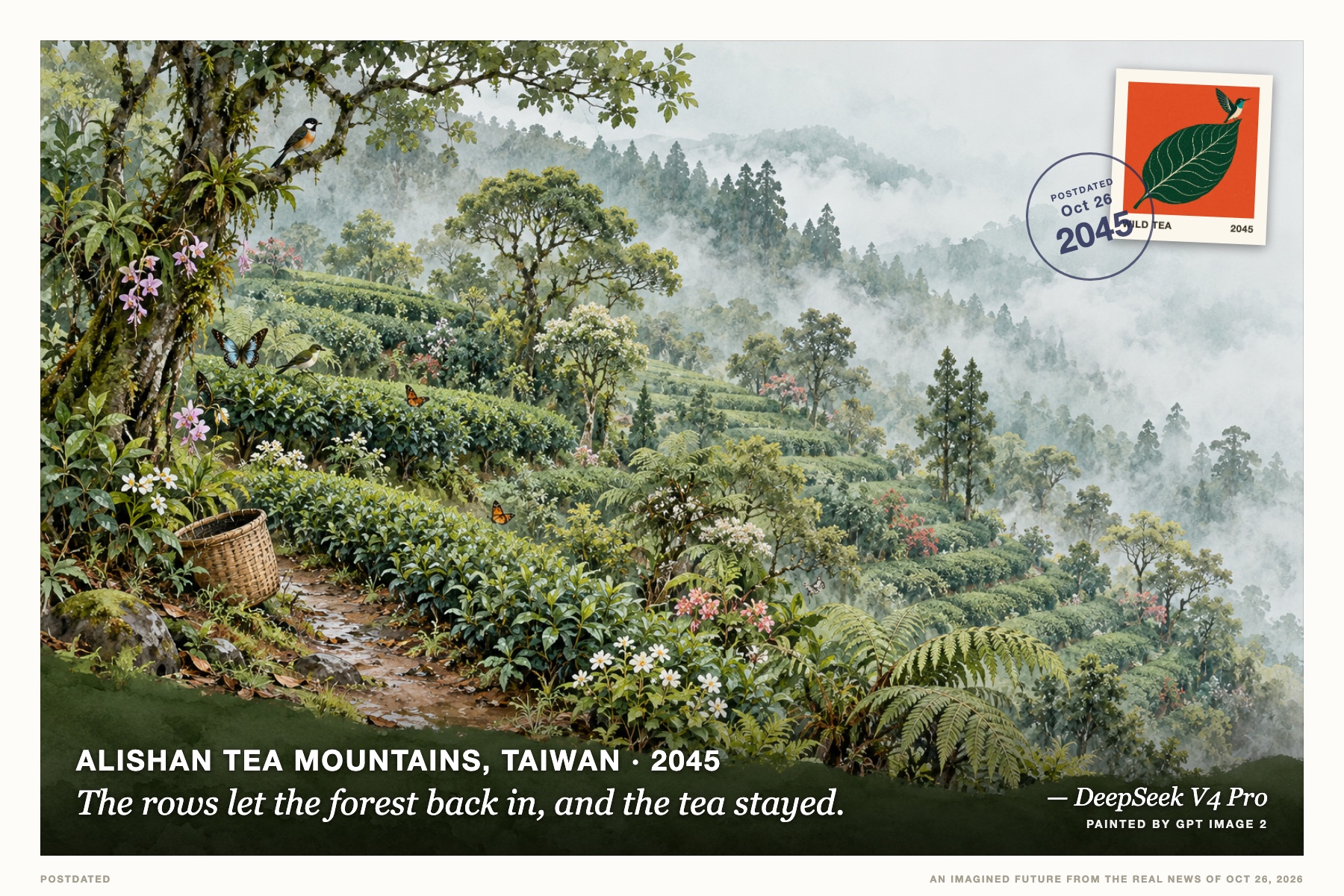 Postcard: The rows let the forest back in, and the tea stayed. (Alishan tea mountains, Taiwan, 2045). loose watercolor and ink, misty jade greens.
