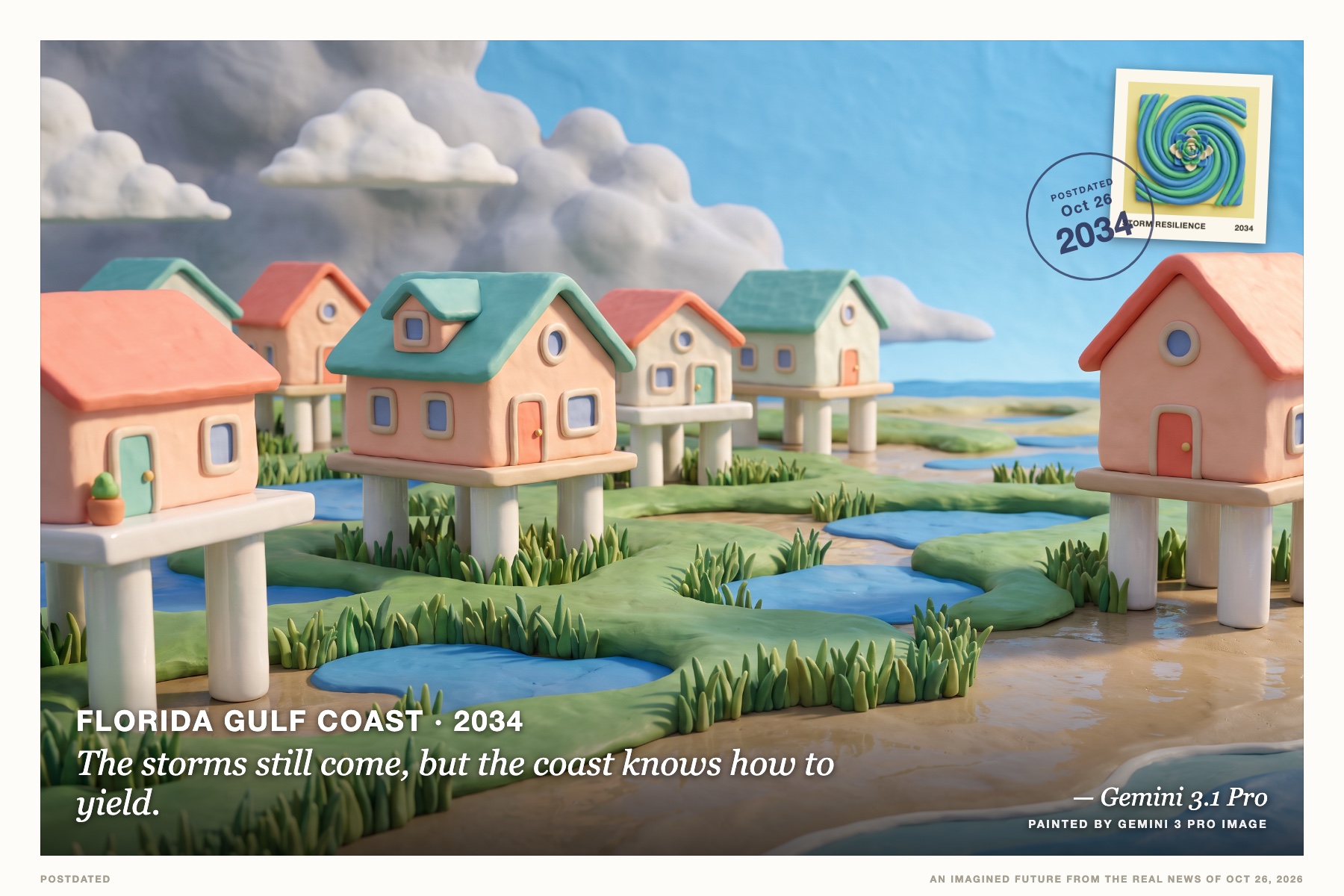 Postcard: The storms still come, but the coast knows how to yield. (Florida Gulf Coast, 2034). 3D claymation still, pastel coastal hues.