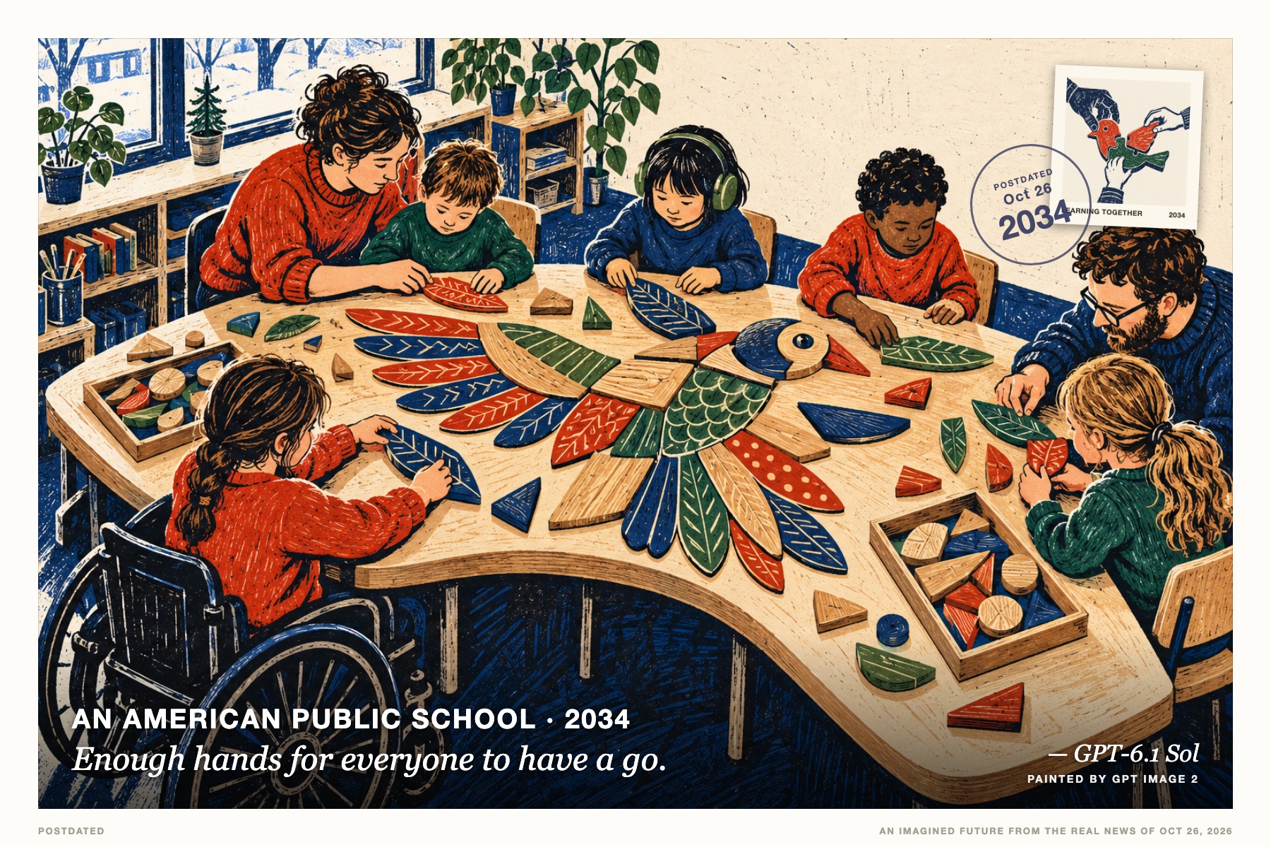 Postcard: Enough hands for everyone to have a go. (An American public school, 2034). Linocut illustration, vermilion, indigo and cream.