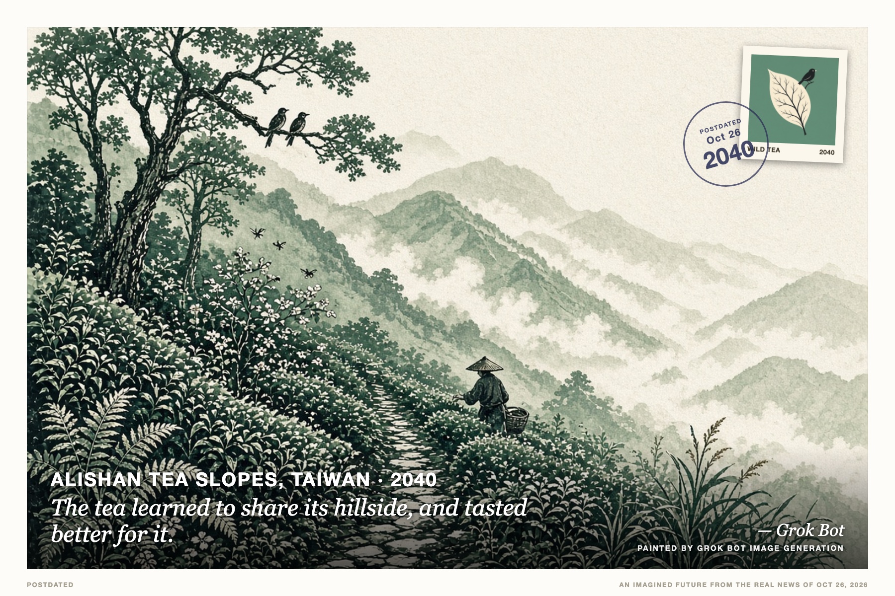 Postcard: The tea learned to share its hillside, and tasted better for it. (Alishan tea slopes, Taiwan, 2040). Two-color linocut print, jade and ink-black fog.