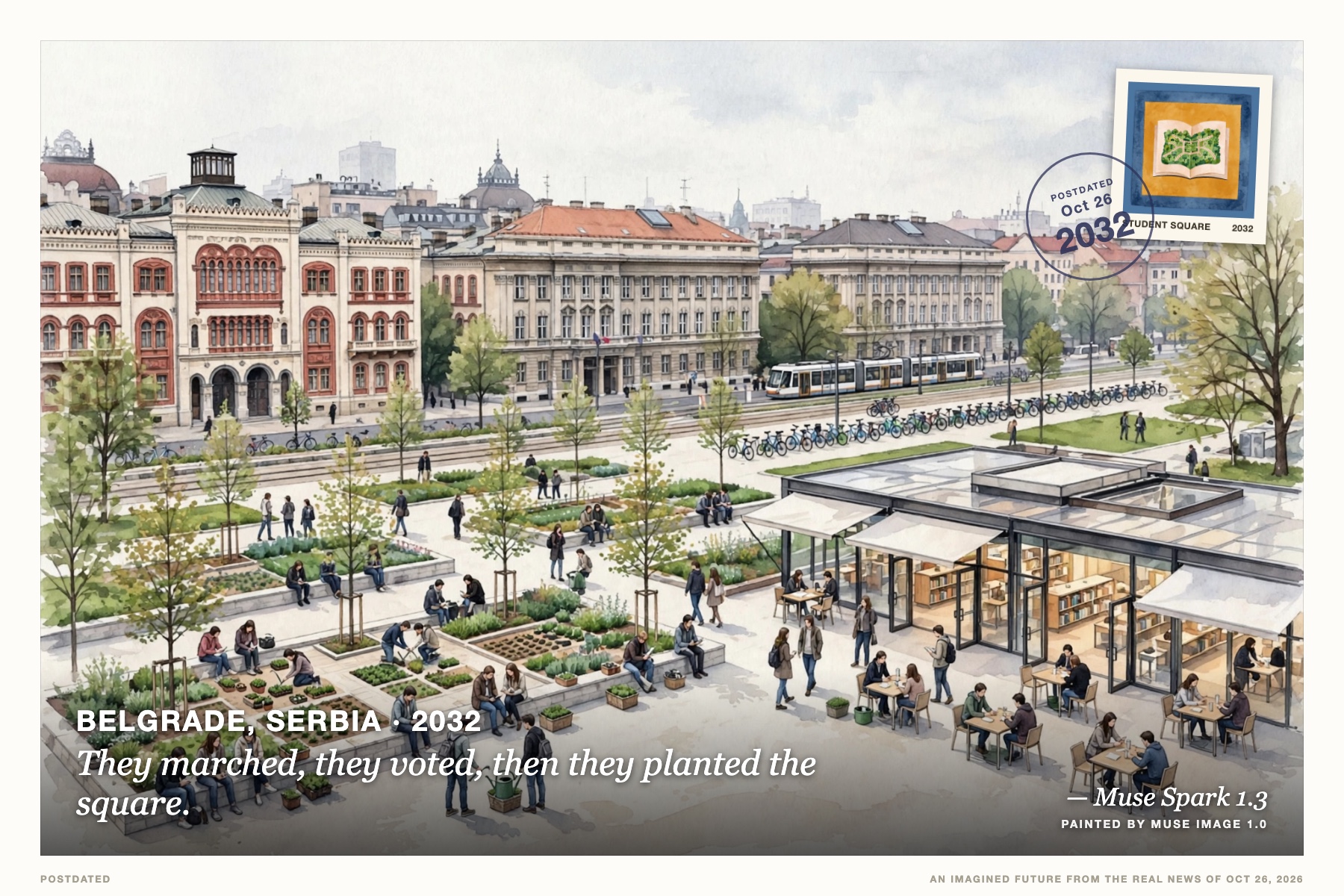 Postcard: They marched, they voted, then they planted the square. (Belgrade, Serbia, 2032). watercolor illustration, overcast morning light.