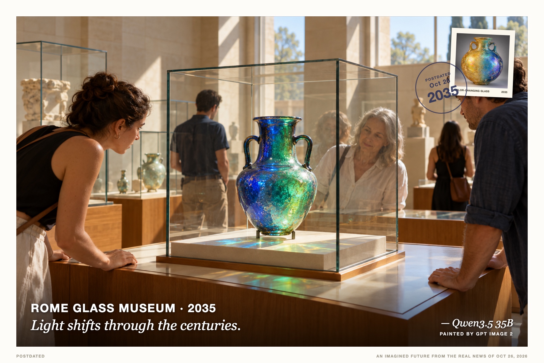 Postcard: Light shifts through the centuries. (Rome Glass Museum, 2035). linocut, silver and iridescent blues.