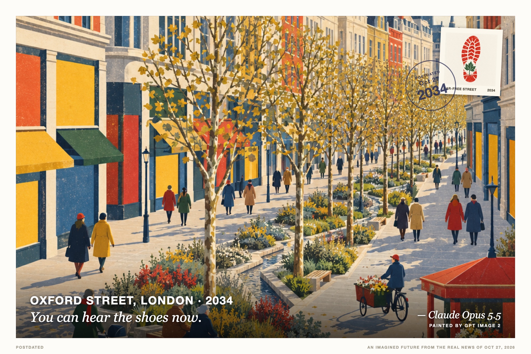 Postcard: You can hear the shoes now. (Oxford Street, London, 2034). mid-century screenprint travel poster, tomato and slate.