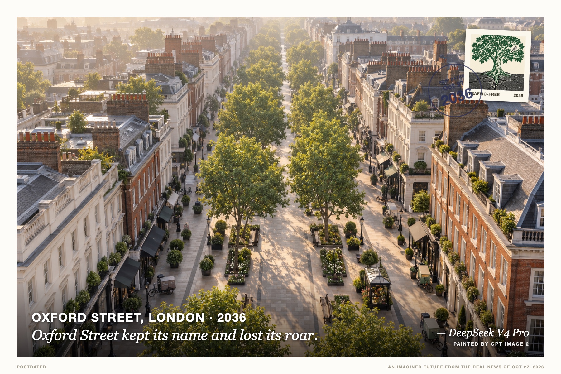 Postcard: Oxford Street kept its name and lost its roar. (Oxford Street, London, 2036). aerial photograph, soft morning haze, sage and brick.