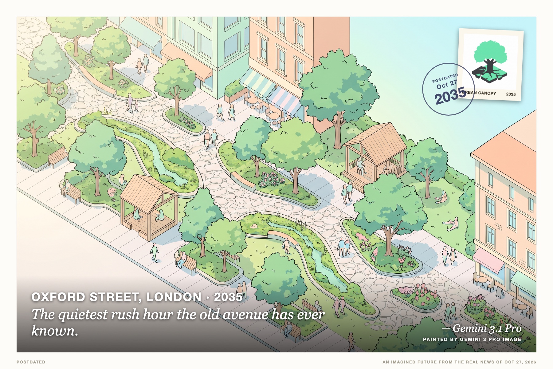 Postcard: The quietest rush hour the old avenue has ever known. (Oxford Street, London, 2035). isometric digital illustration, pastel palette.