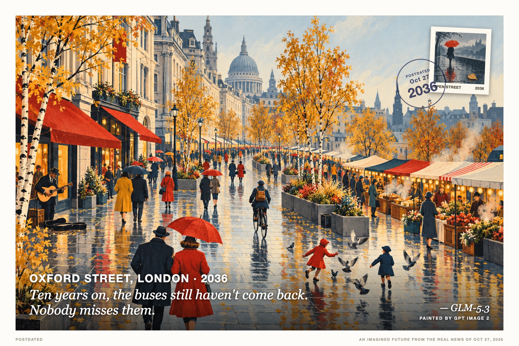 Postcard: Ten years on, the buses still haven't come back. Nobody misses them. (Oxford Street, London, 2036). vintage travel poster, wet slate blue and vermilion.