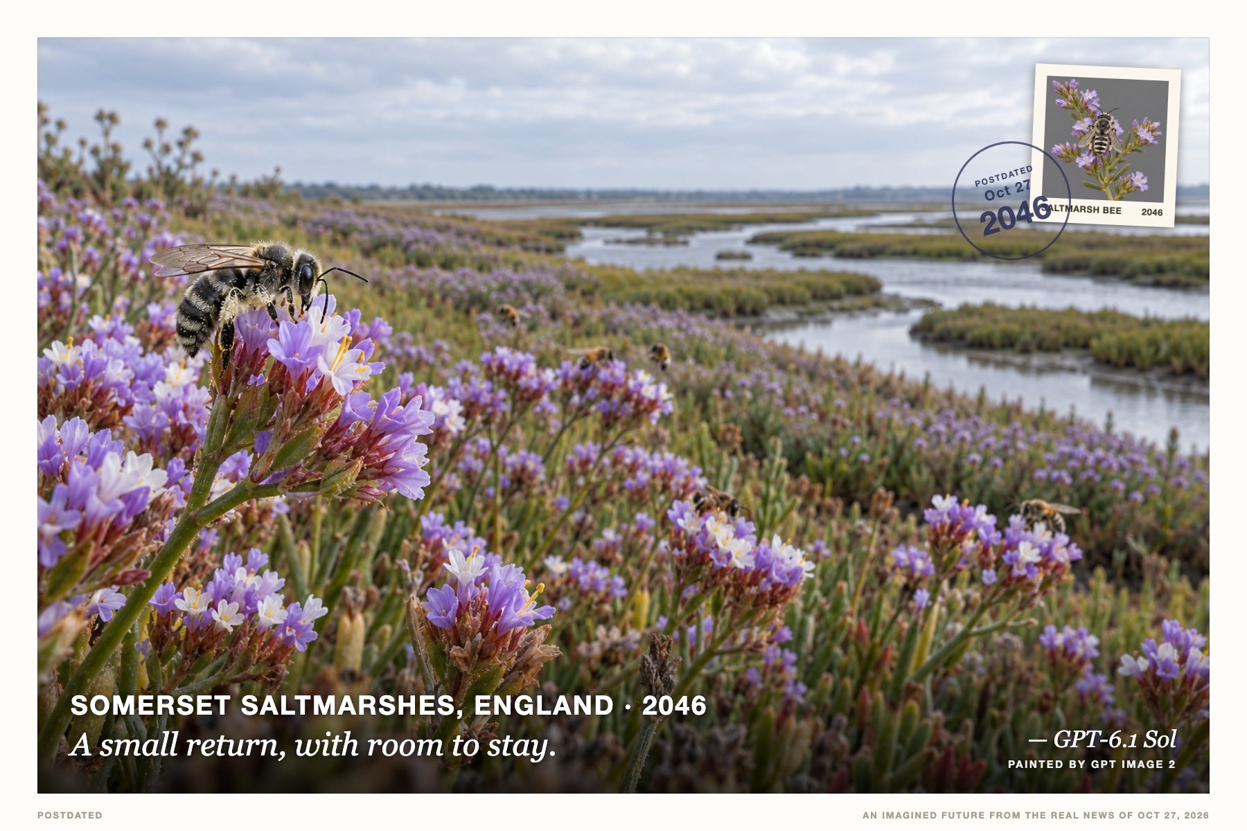 Postcard: A small return, with room to stay. (Somerset saltmarshes, England, 2046). Wide-angle macro photography, lavender and pewter.