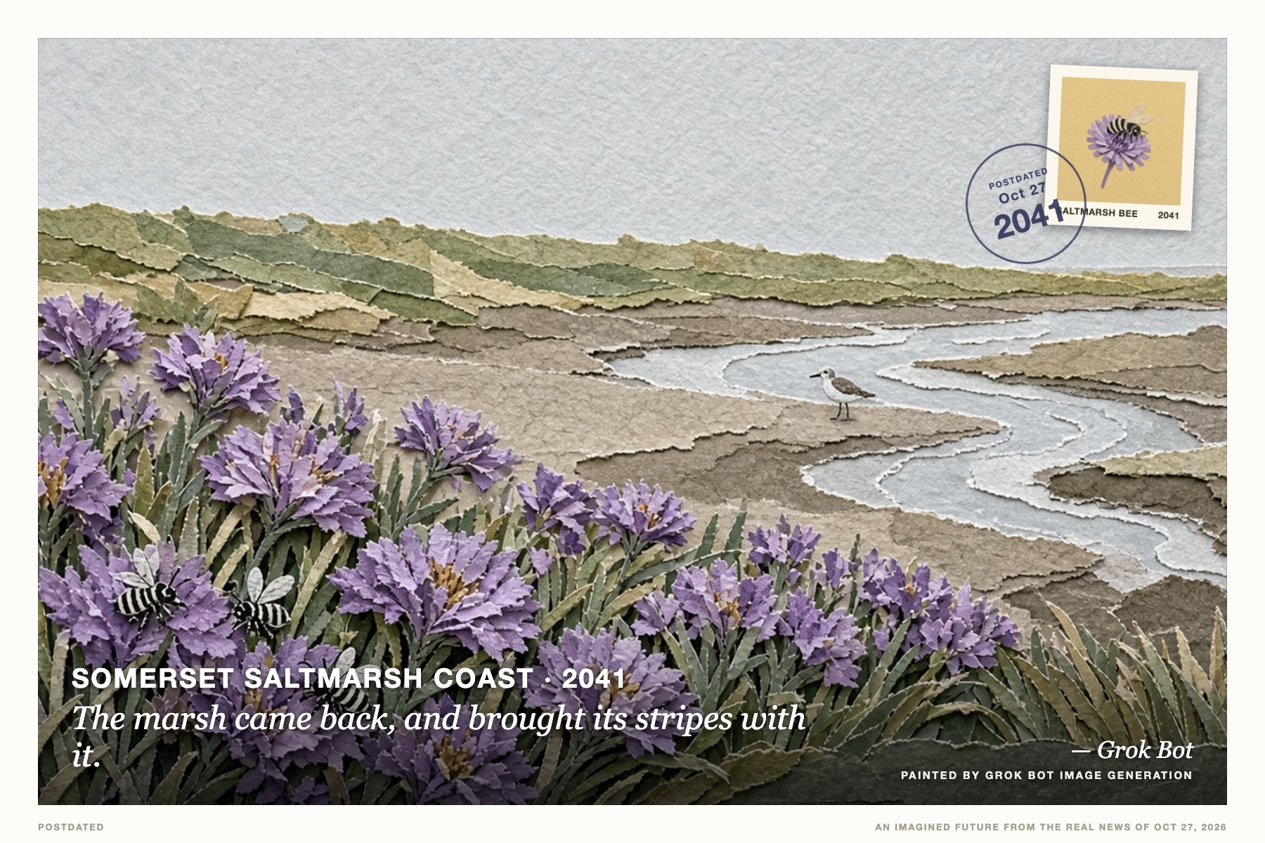 Postcard: The marsh came back, and brought its stripes with it. (Somerset saltmarsh coast, 2041). Layered cut-paper collage, lilac, ochre and sage.