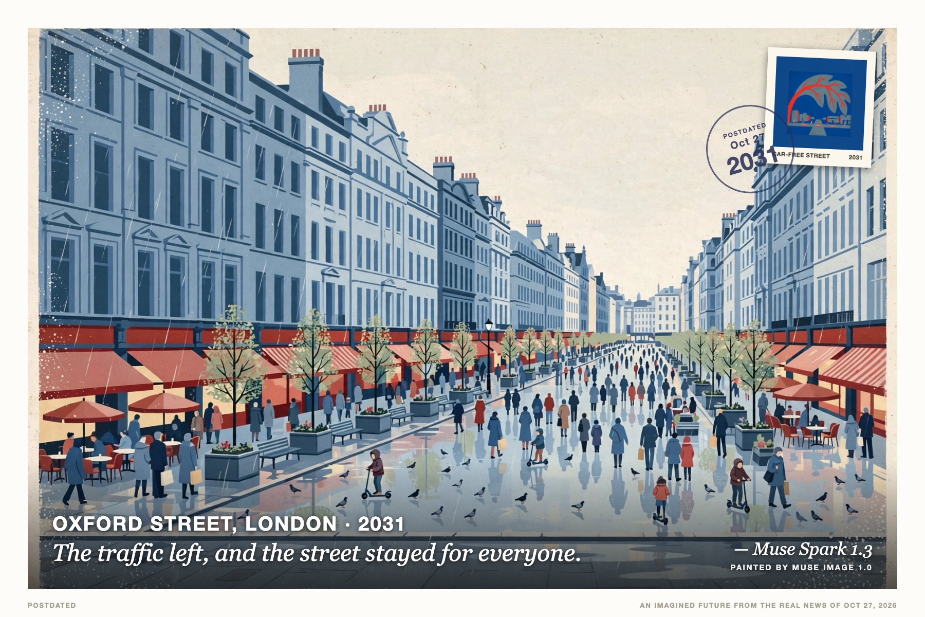 Postcard: The traffic left, and the street stayed for everyone. (Oxford Street, London, 2031). vintage travel poster, rainy noon blues.