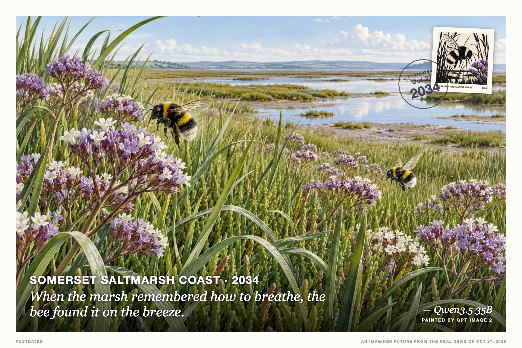 Postcard: When the marsh remembered how to breathe, the bee found it on the breeze. (Somerset saltmarsh coast, 2034). scientific illustration plate, aqua and coral with graphite detailing.