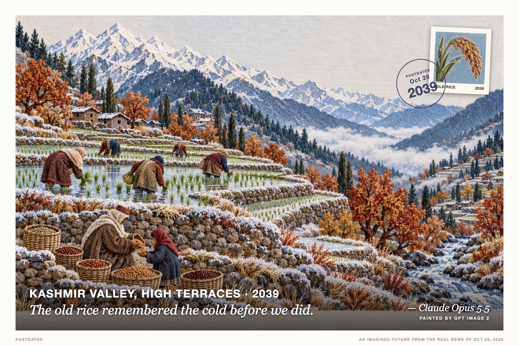 Postcard: The old rice remembered the cold before we did. (Kashmir Valley, high terraces, 2039). Kashmiri crewel embroidery, frost blue and russet.