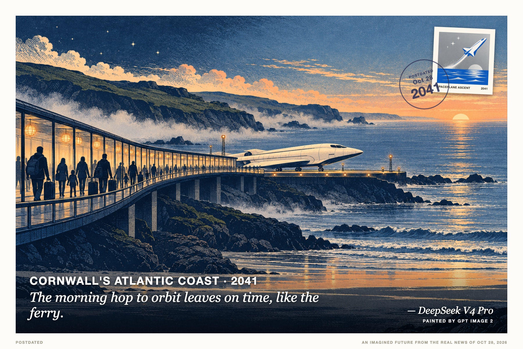 Postcard: The morning hop to orbit leaves on time, like the ferry. (Cornwall's Atlantic coast, 2041). engraved woodcut, indigo, cream and apricot.
