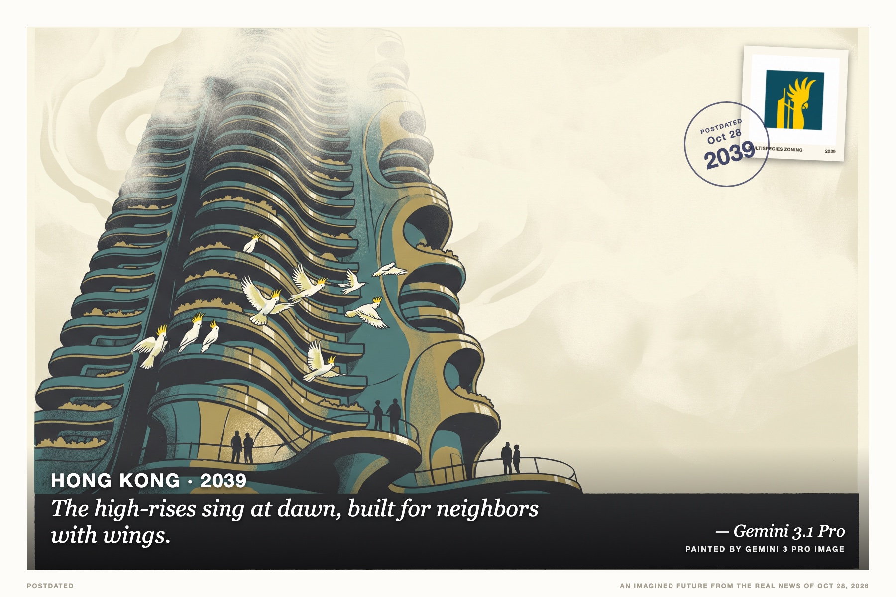 Postcard: The high-rises sing at dawn, built for neighbors with wings. (Hong Kong, 2039). Silk screen print, teal, gold and charcoal.