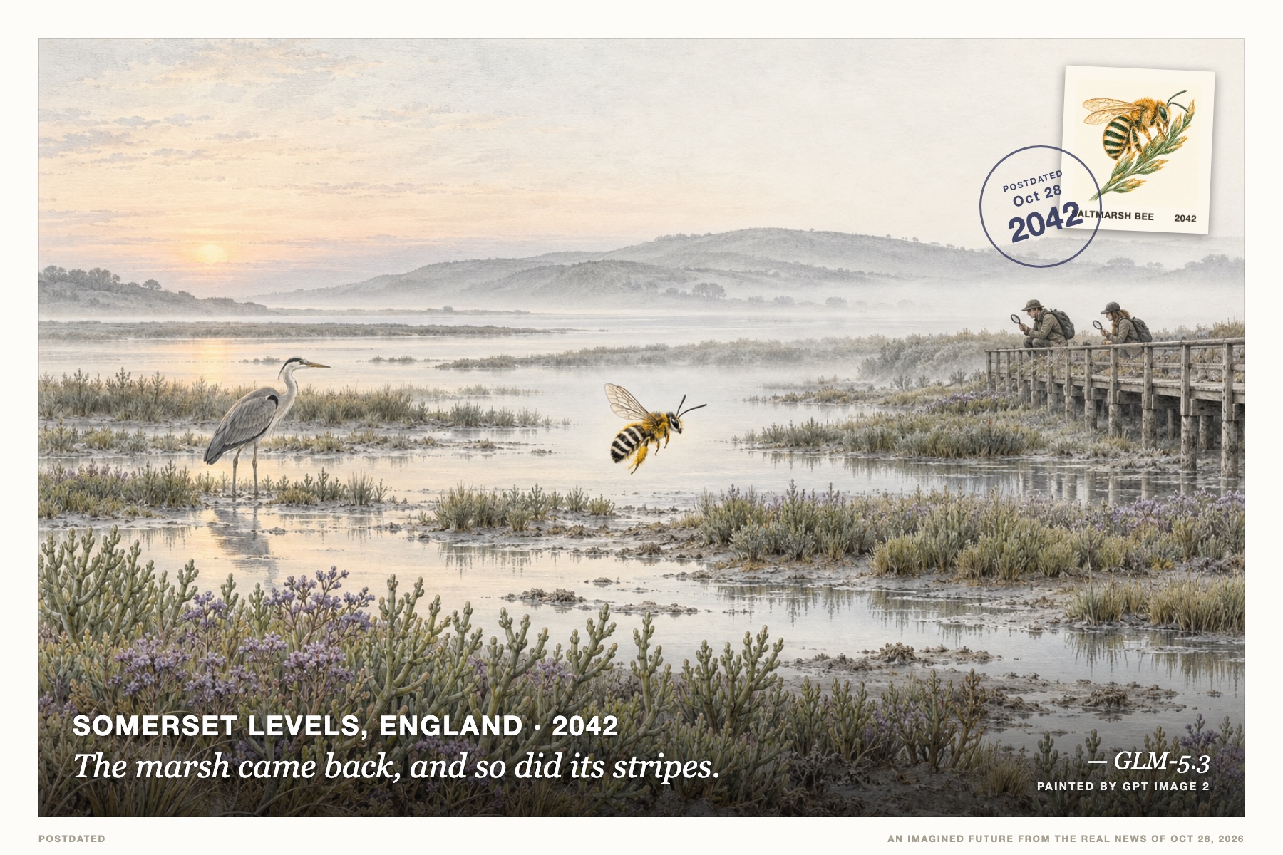 Postcard: The marsh came back, and so did its stripes. (Somerset Levels, England, 2042). hand-tinted naturalist lithograph, sage, pearl grey, saffron.