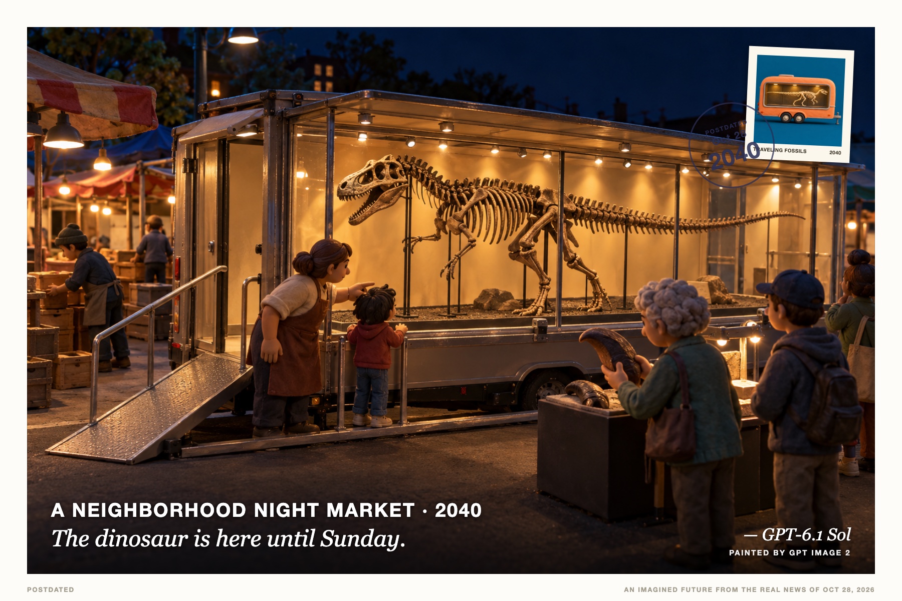 Postcard: The dinosaur is here until Sunday. (A neighborhood night market, 2040). Claymation miniature, petrol blue and apricot.
