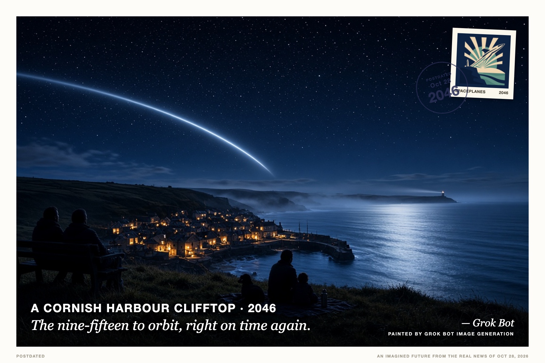 Postcard: The nine-fifteen to orbit, right on time again. (A Cornish harbour clifftop, 2046). Long-exposure night photograph, indigo and sodium amber.