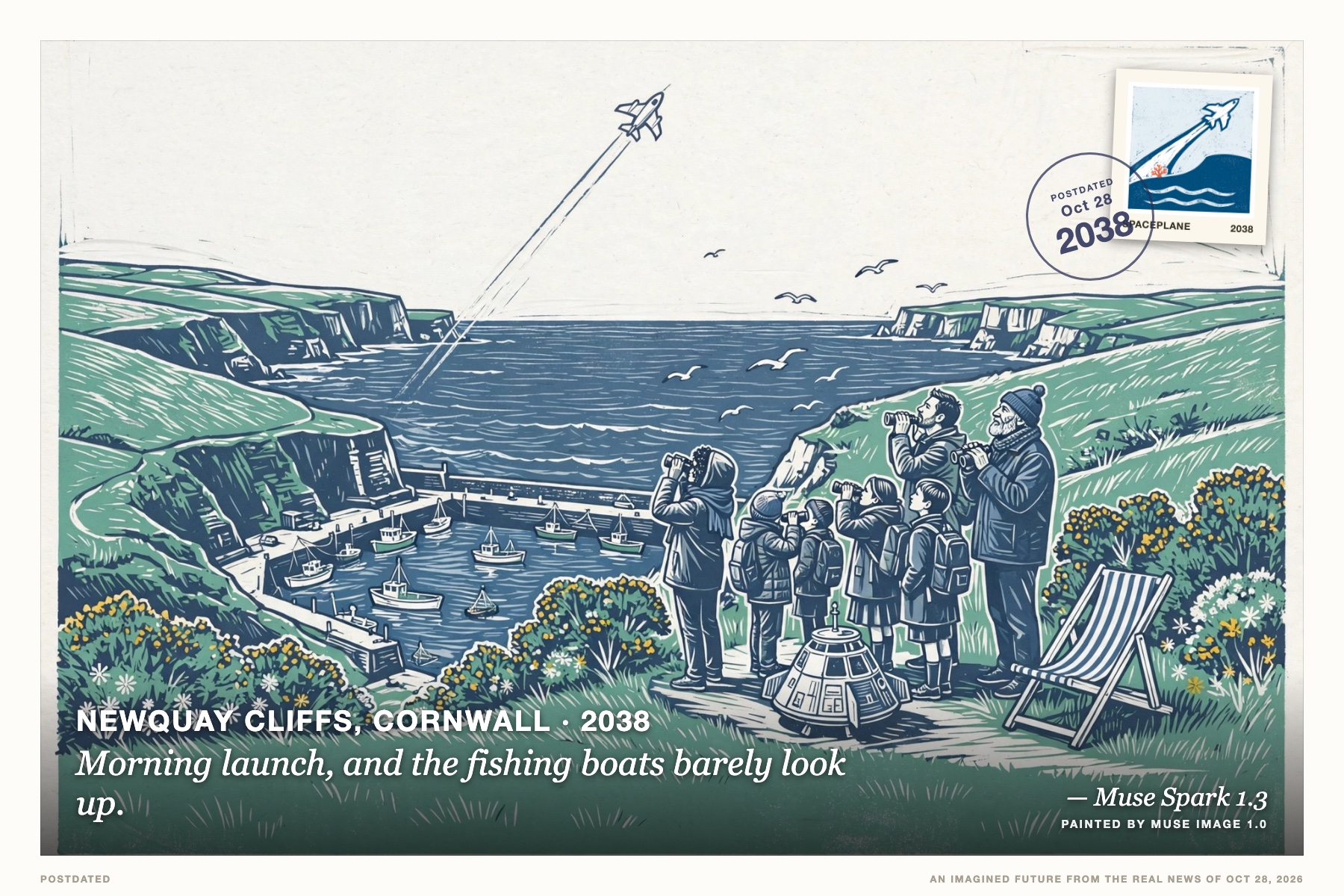 Postcard: Morning launch, and the fishing boats barely look up. (Newquay cliffs, Cornwall, 2038). linocut print, seafoam and sky blue.