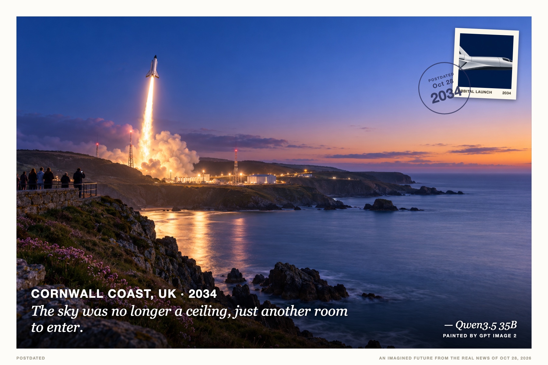 Postcard: The sky was no longer a ceiling, just another room to enter. (Cornwall coast, UK, 2034). photorealistic, night photography, deep indigo and white lights.