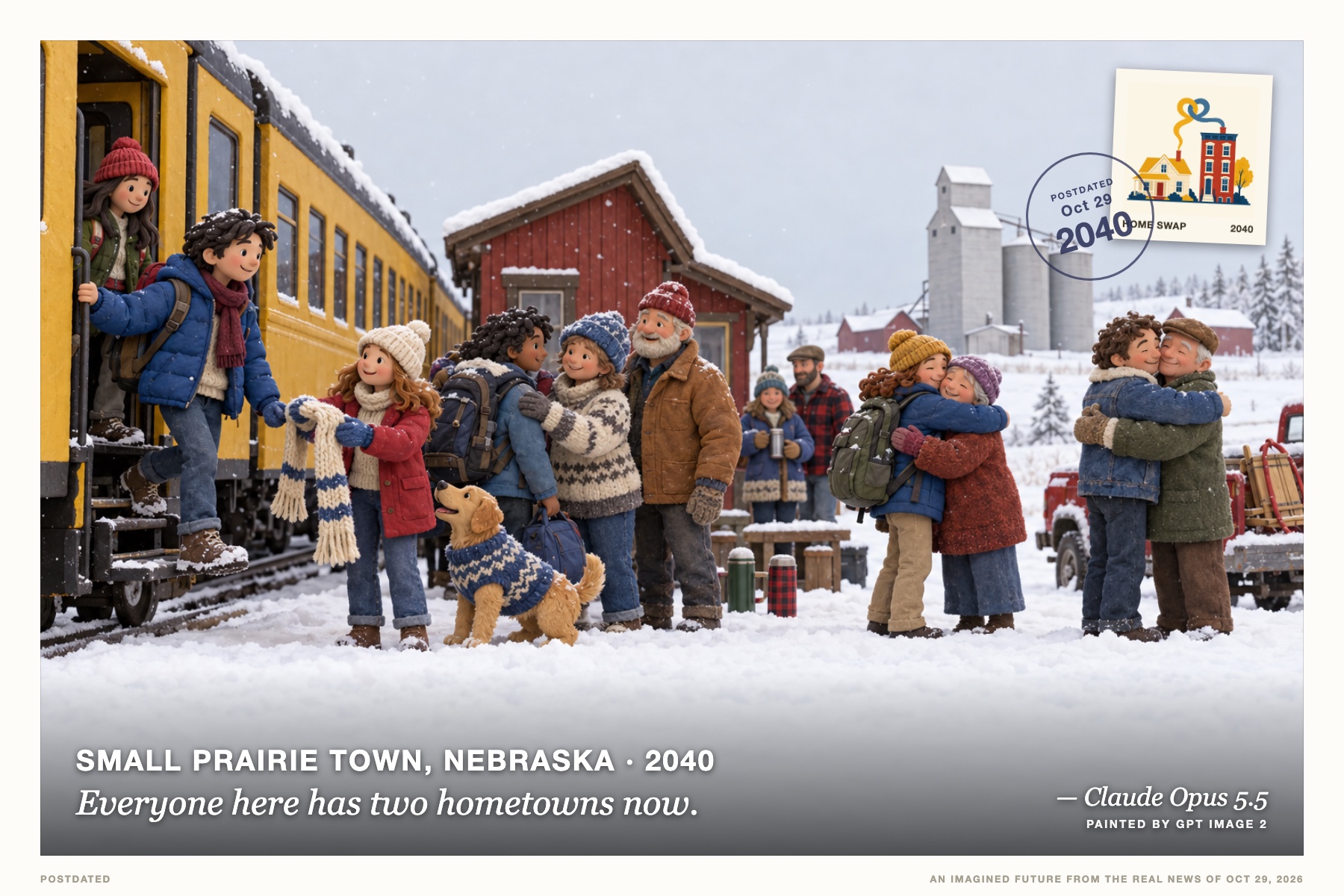 Postcard: Everyone here has two hometowns now. (Small prairie town, Nebraska, 2040). claymation still, snow white and mustard.