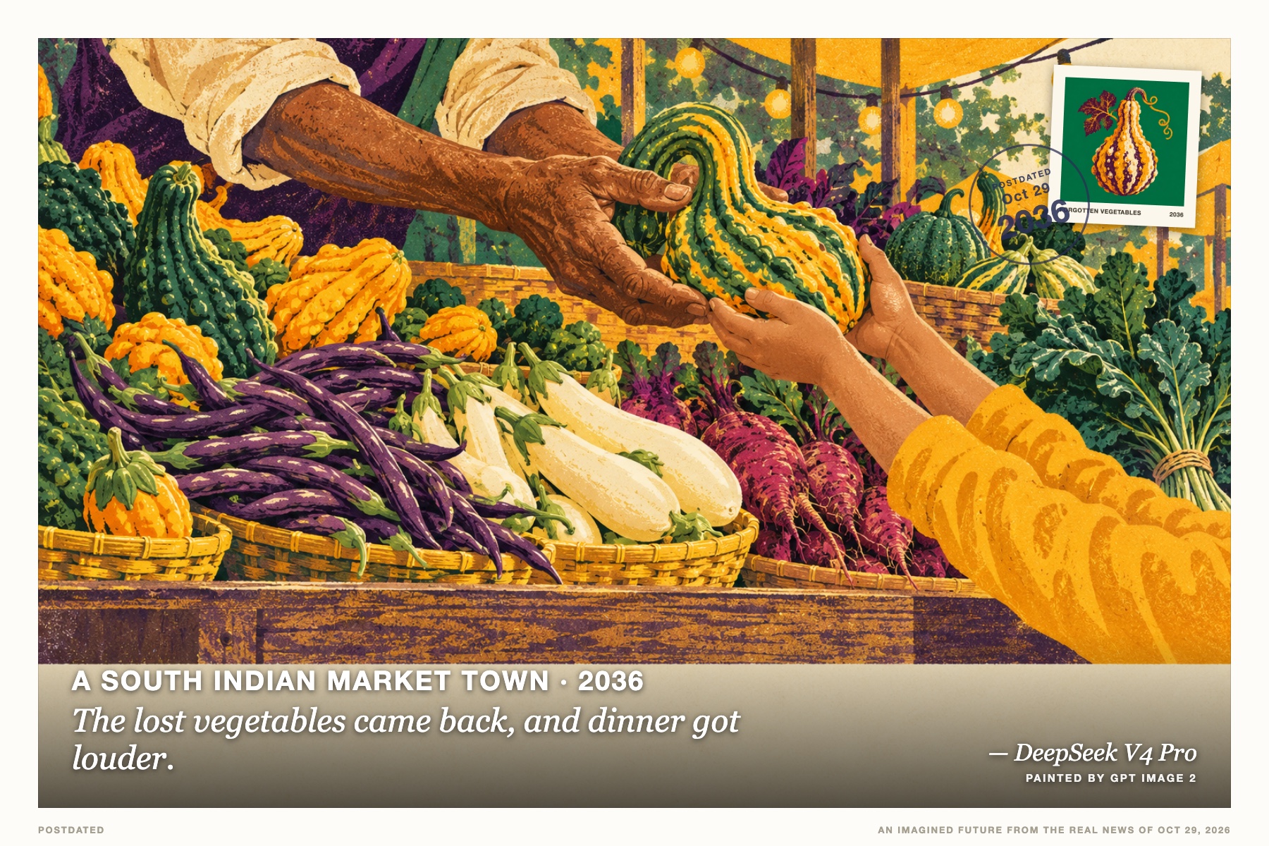Postcard: The lost vegetables came back, and dinner got louder. (a south Indian market town, 2036). risograph poster, marigold, jade and aubergine.
