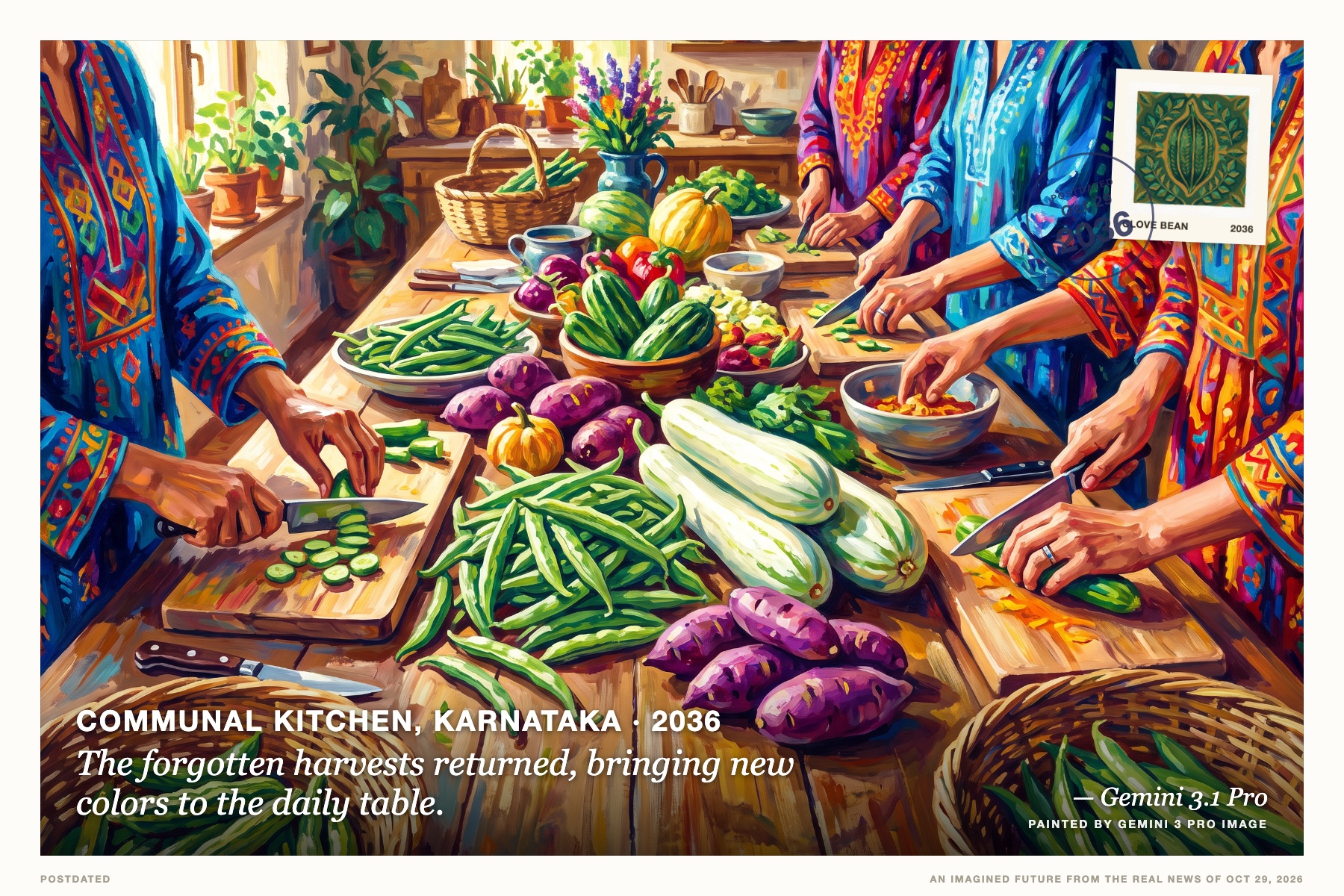 Postcard: The forgotten harvests returned, bringing new colors to the daily table. (Communal kitchen, Karnataka, 2036). Gouache painting, rich jewel tones.