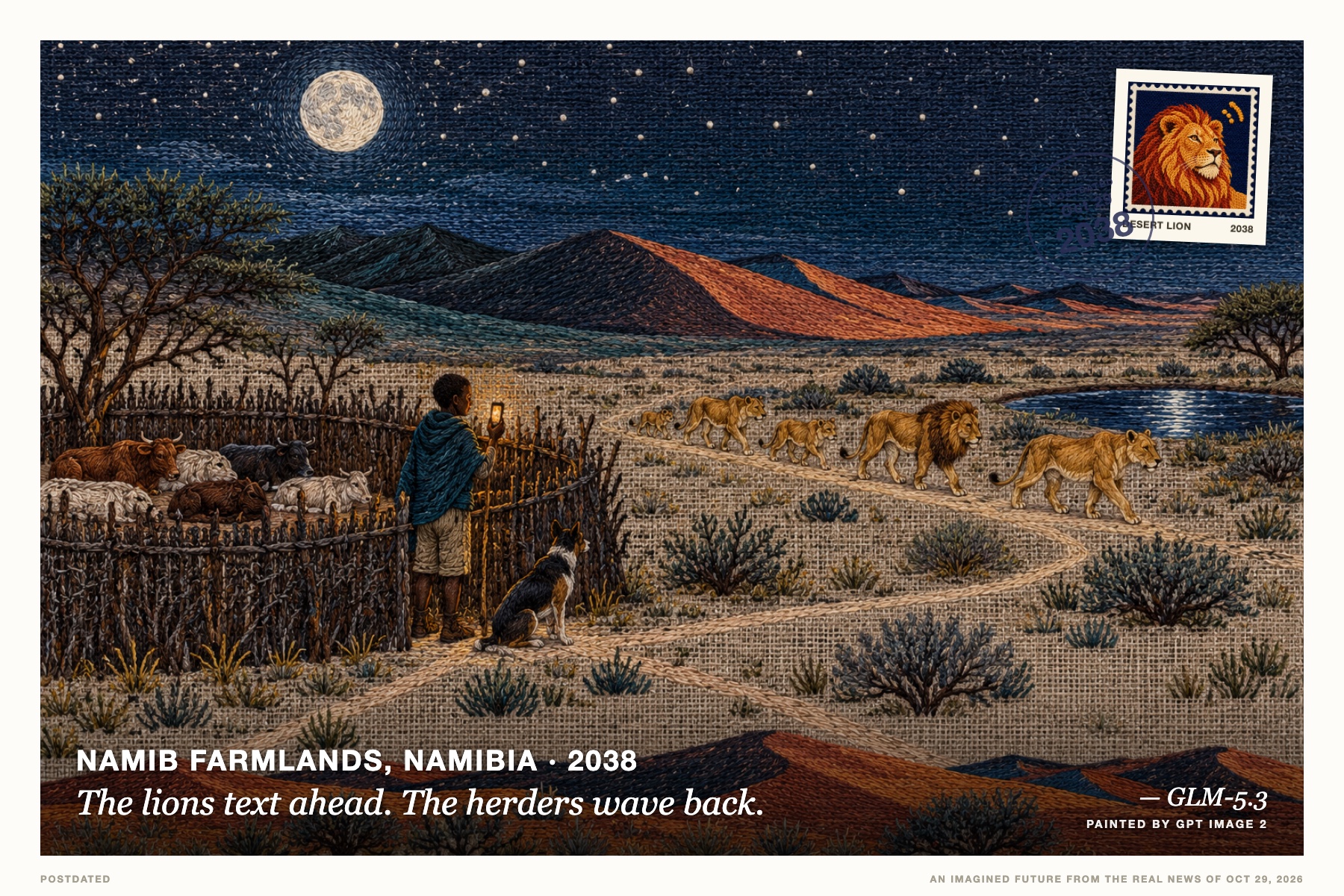 Postcard: The lions text ahead. The herders wave back. (Namib farmlands, Namibia, 2038). wool embroidery on linen, indigo night and ochre.
