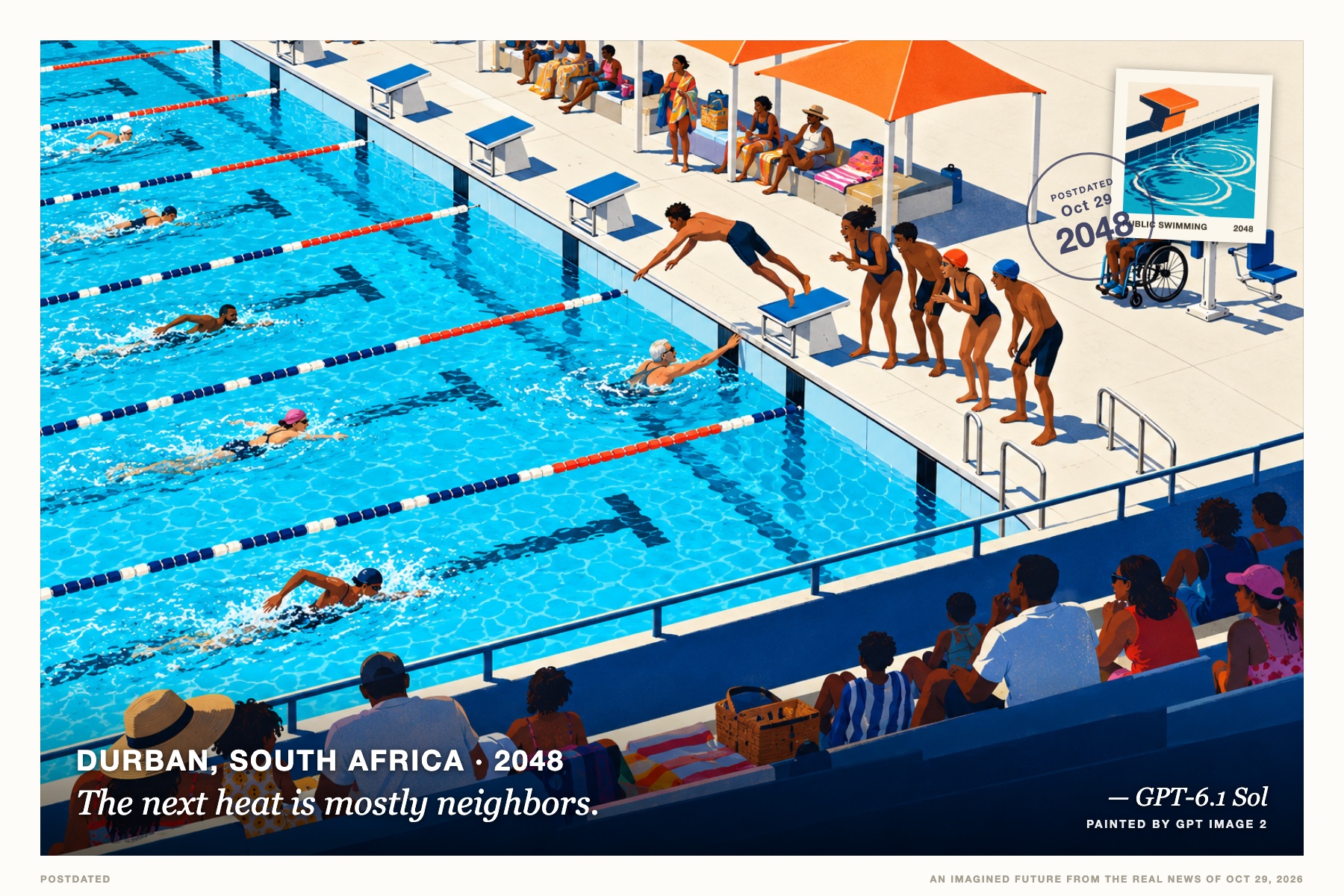 Postcard: The next heat is mostly neighbors. (Durban, South Africa, 2048). Silkscreen aerial illustration, cyan and tangerine.